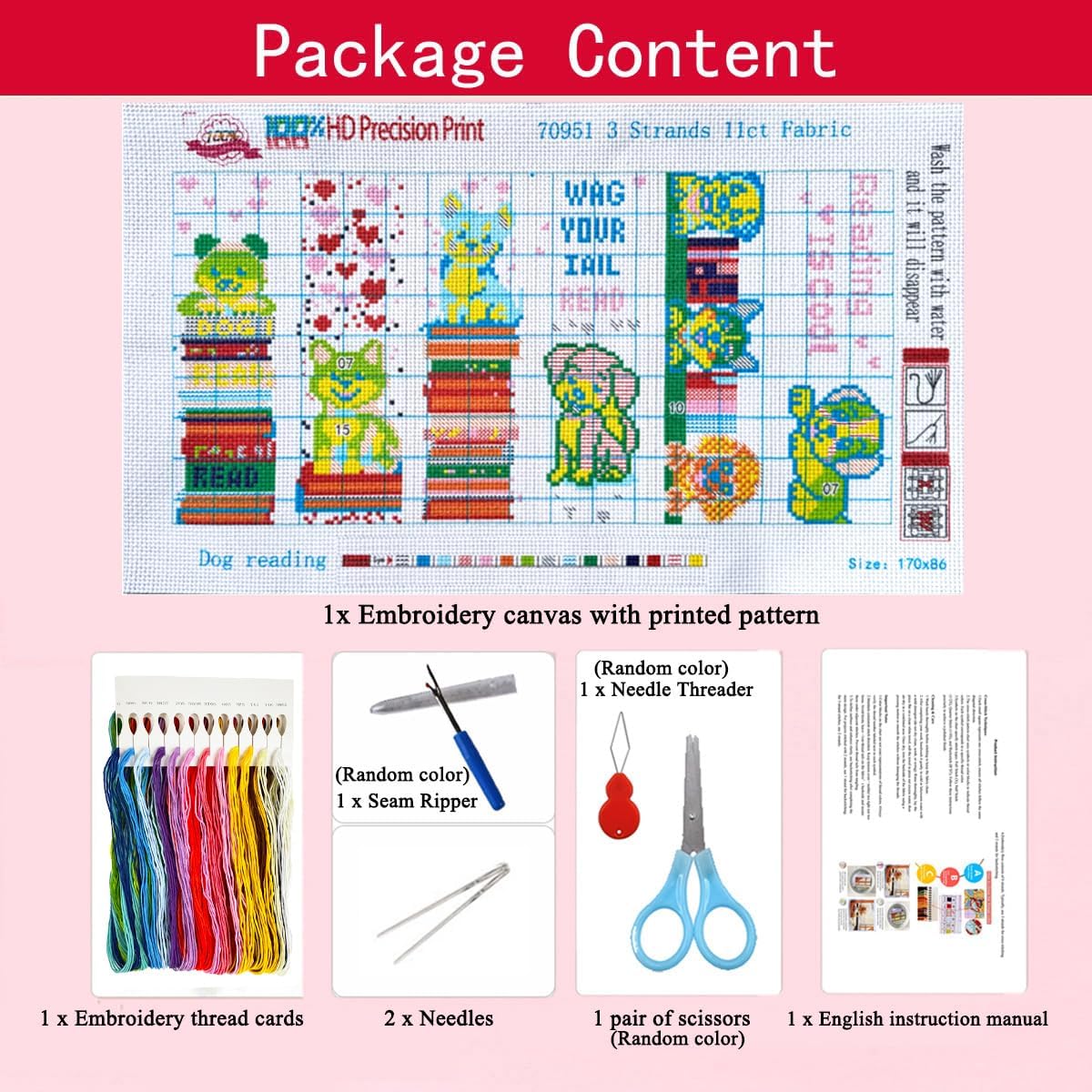 Zhenqing Bookish Dog Stamped Cross Stitch Bookmark Kit, 6 Reading Puppy Designs on 11CT Printed Cotton Fabric for Adults and Beginners, Gift for Book Lovers image 3