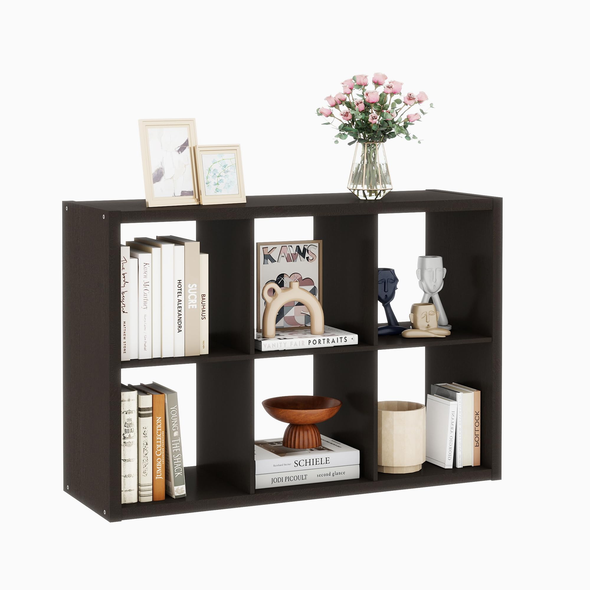 Thickened Wooden Frame 6 Cube Organizer, Black Cube Shelf with 6 Cube Storage, Cube Closet Organizer with Open Back for Bedroom, Bathroom, Office, Dark Brown, 14.6" x 43.8" x 30.7"