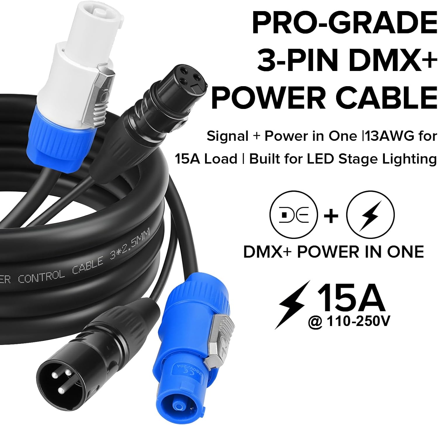 SMALL-EYE 3 Pin DMX & Power Con Combo Link Cable 3 ft – 13AWG Power Control DMX Male to Female Cord for Lighting Fixtures