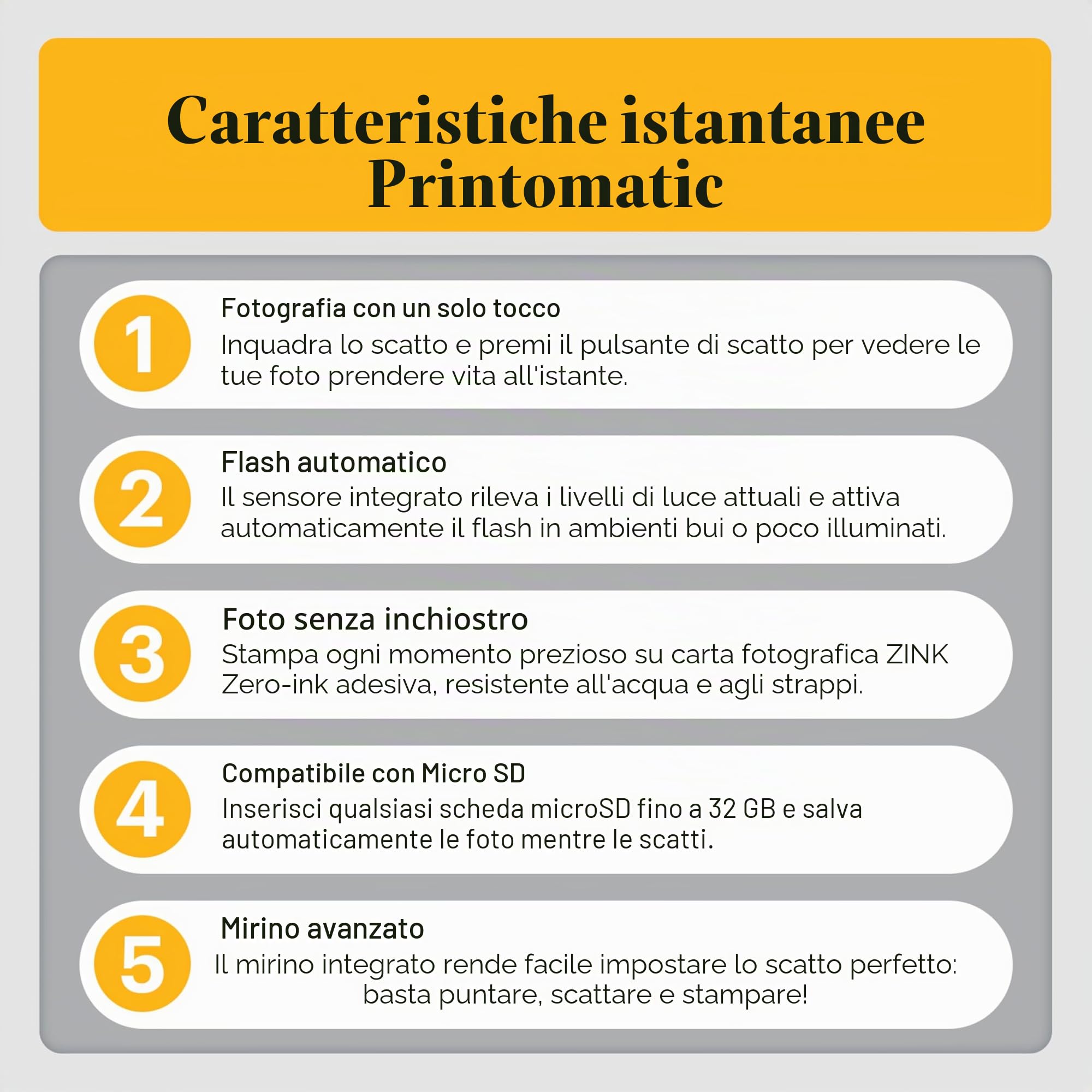 KODAK Printomatic Fotocamera istantanea (Grigio) Pacchetto all-Inclusive + Carta Fotografica Zink (20 Fogli) e Molto Altro