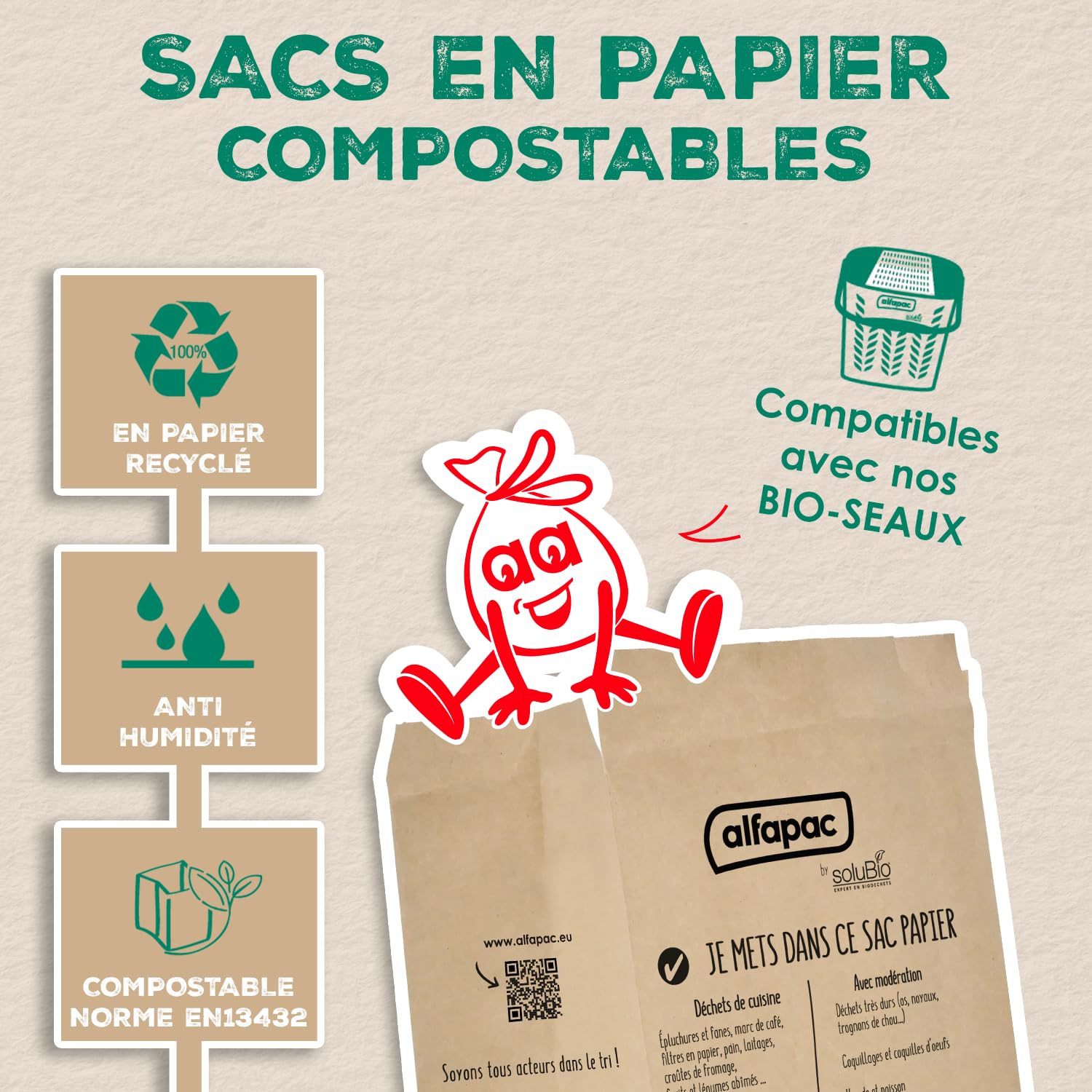 Alfapac by Solubio – 50 kompostierbare Beutel 10 l aus 100% recyceltem Papier für organische Abfälle – hergestellt in Frankreich