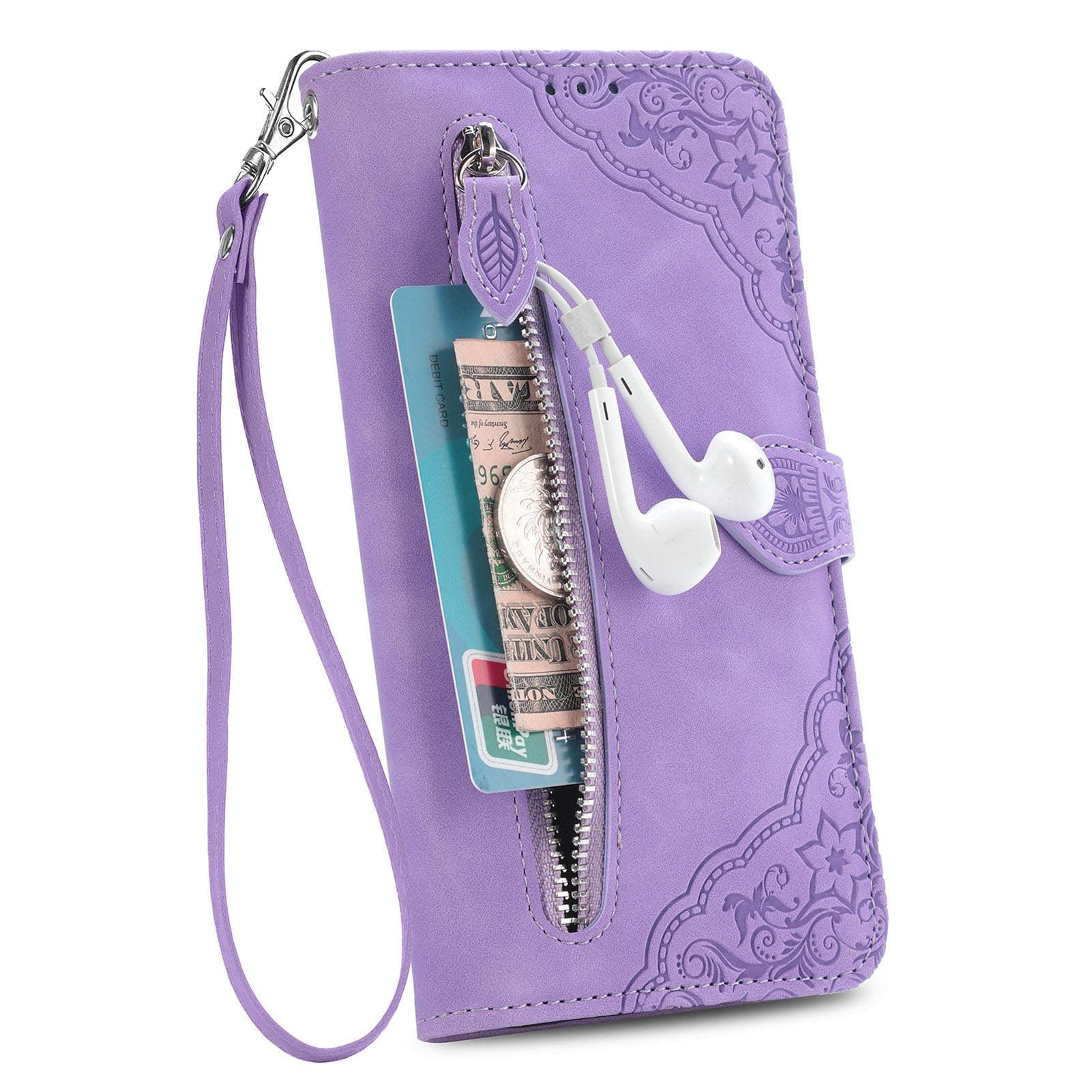 Funda para Galaxy S22/S22+/S22 Ultra, Estuche Tipo Billetera con Cremallera con Ranura Tarjetas Función De Soporte Y Cierre Magnético Correa De Muñeca,Púrpura,S22 Ultra 6.8"