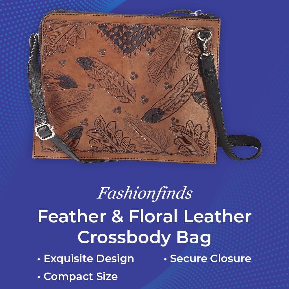 Genuine Leather Crossbody Bag for Women, Designer Feather and Floral Tooled Purse, Ladies Shoulder Handbag, Top Zip Closure