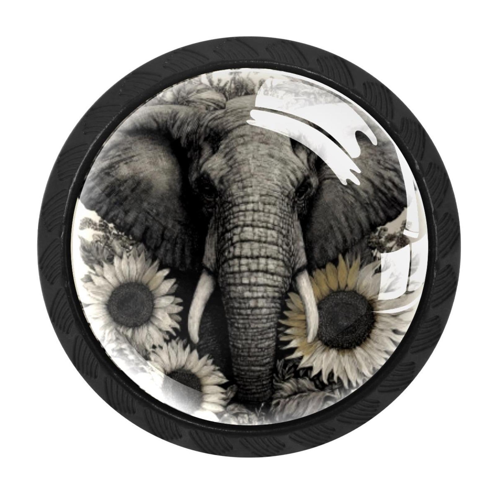 CHENZZZZ 4 Pack Elephant and Sunflower (2) Dresser Drawer Cabinet Knobs Round Crystal Glass Knobs Pulls Handles for Kitchen Wardrobe Cupboard Door Hardware