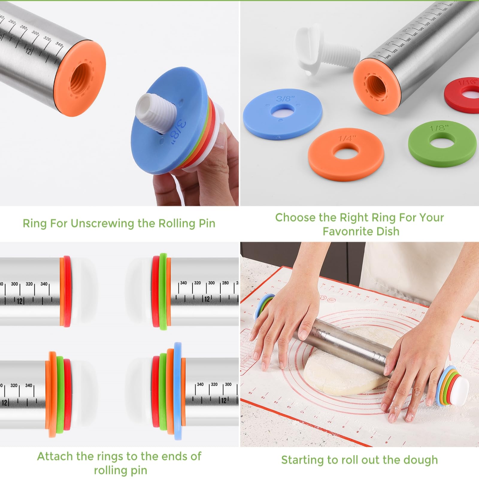 Kit combinado de rodillo antiadherente y de silicona para repostería, rodillo ajustable con anillos de grosor para hornear fondant, pizza, pastel, pasta, pasta, masa, galletas (rojo) 3
