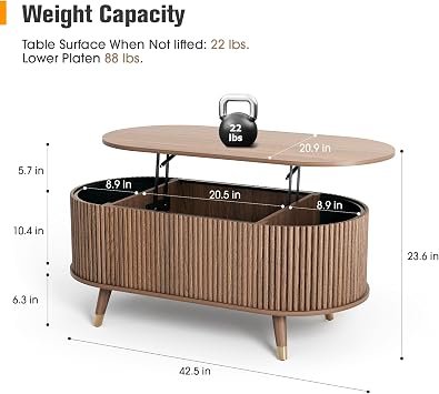 JOINICE Oval Lift Top Coffee Table with Storage for Living Room,43