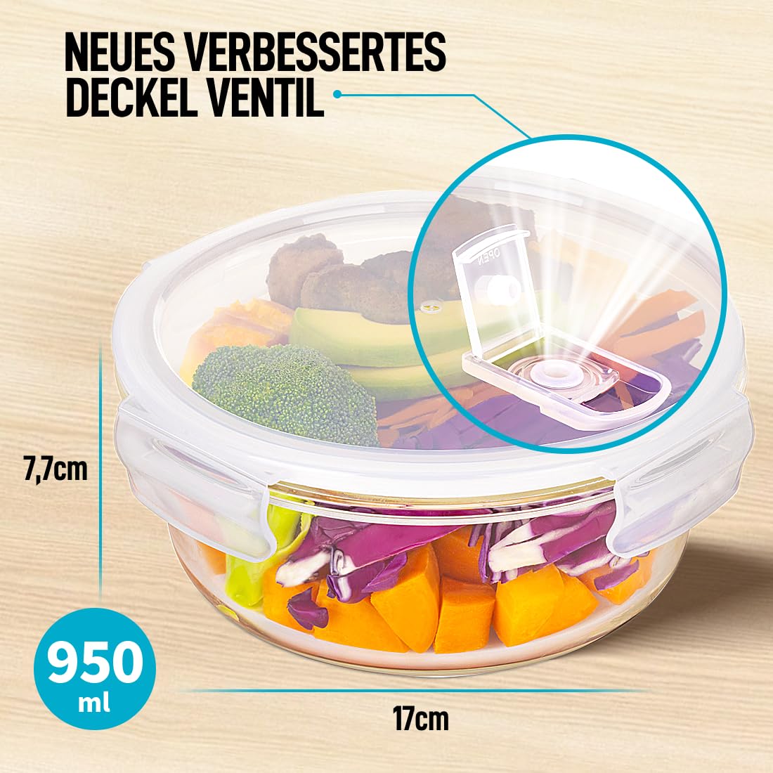 Igluu Meal Prep Runde Glas-Frischhaltedosen mit BPA-freiem Deckel (5er-Pack + 1 Ersatzdeckel) – mikrowellen-, ofen-, gefrier-, spülmaschinengeeignet, auslaufsicher – 950 ml - robustes Borosilikatglas