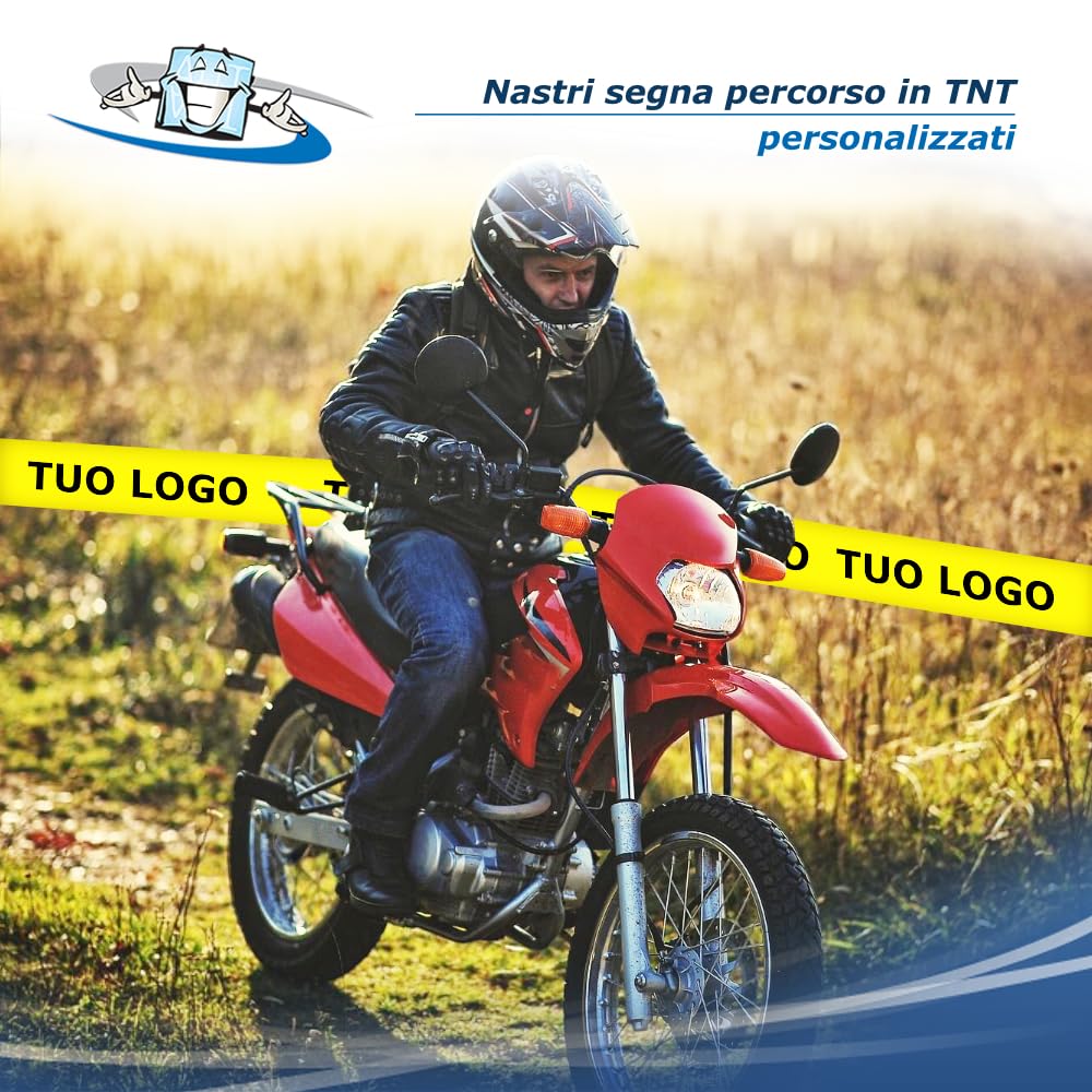 Confezione 4 pz. Nastri Segnaletici in Polietilene o TNT personalizzati - Rotoli 5/8 cm varie lunghezze - Segna percorso per Eventi sportivi, Delimitazione Aree, Cantieri, Sicurezza