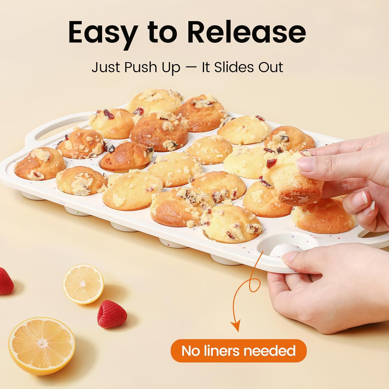 Silicone Mini Muffin Pan With Metal Reinforced Frame - 24 Cups Durable Silicone Cupcake Pan for Muffin, Cupcakes, BPA Free and Dishwasher Safe - 1 Piece Beige with Rainbow Spots - Image 3