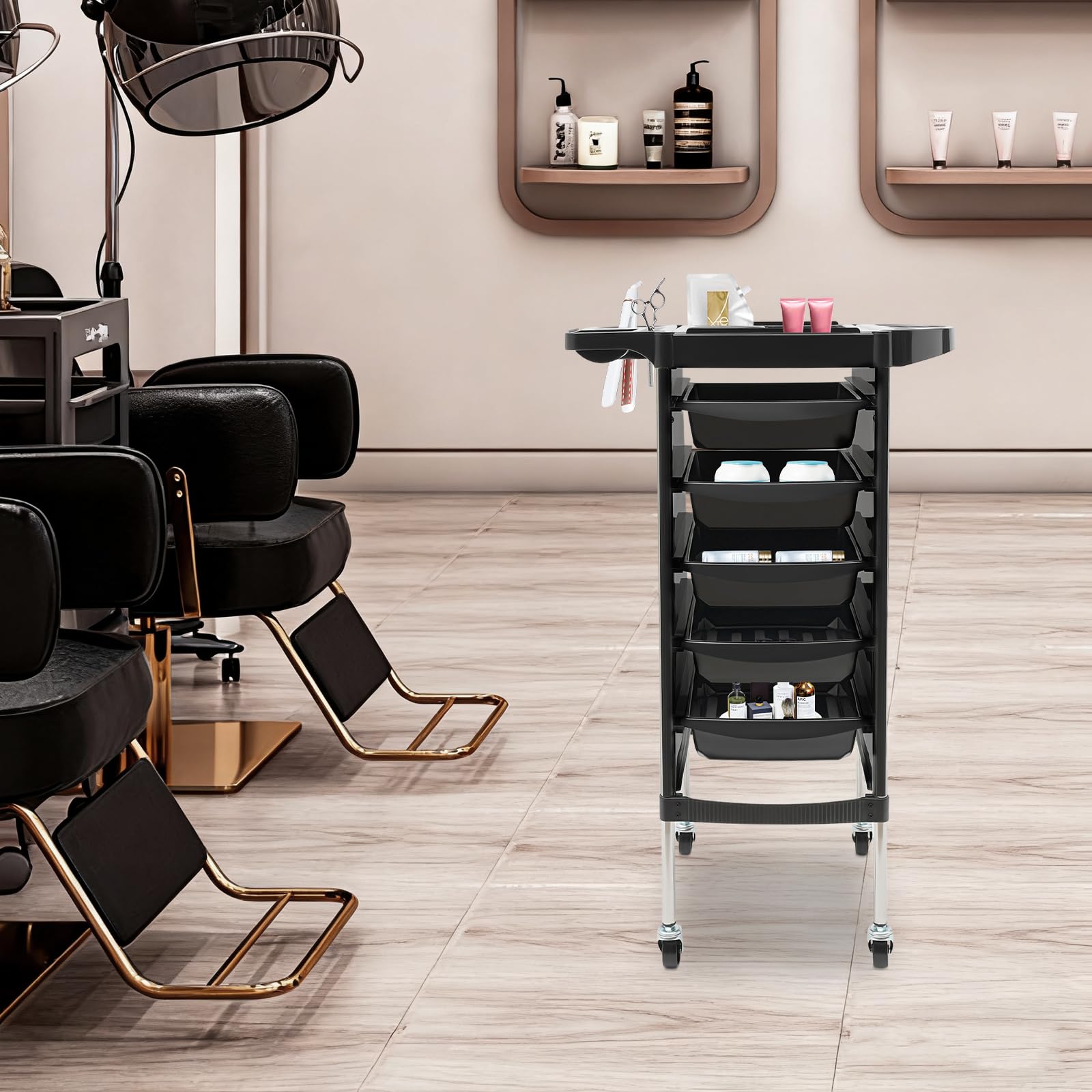 Beauty Chariot Salon de Coiffure 6 Étages 5 Tiroirs Acier Inoxydable Plastique 15 kg par Niveau 4 Roulettes Silencieuses Noir 36 x 85,5 cm