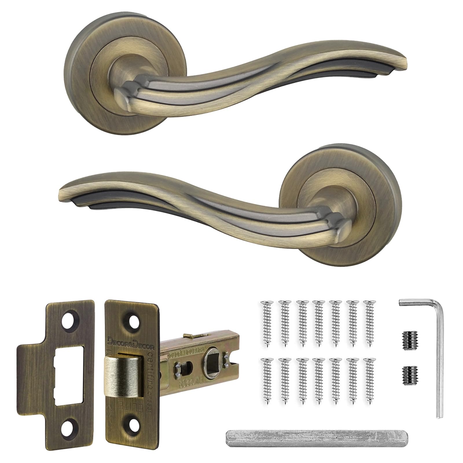 Decoranddecor Solace Antique Brass Internal Door Handles – Aluminium Handle Sets with Tubular Mortice Latch – Elegant and Durable Design for Wooden Interior Doors in Homes and Offices