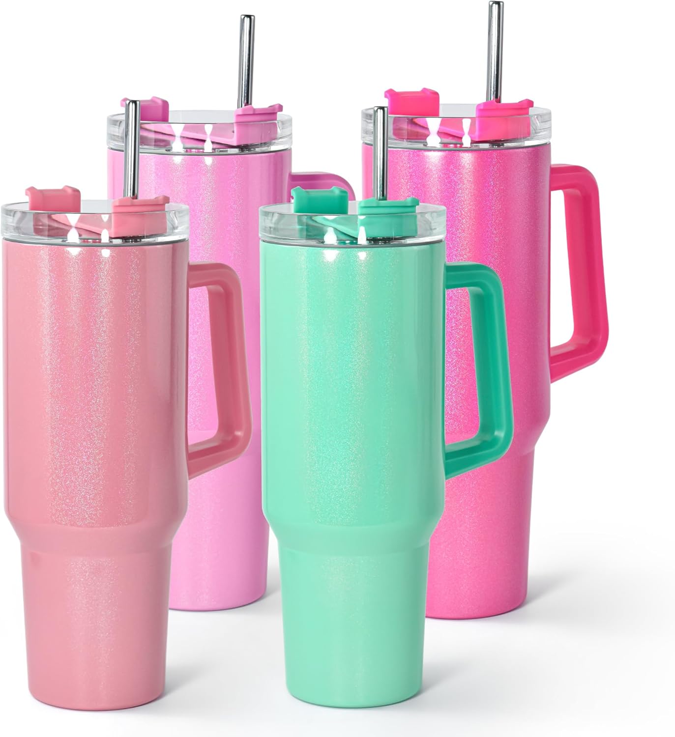 AGH 4 Pack 40 oz Sublimation Shimmer Green Pink Red Purple Tumbler with Stainless Steel Straw and Lid, Insulated Double Wall Vacuum Reusable Cups with Handle
