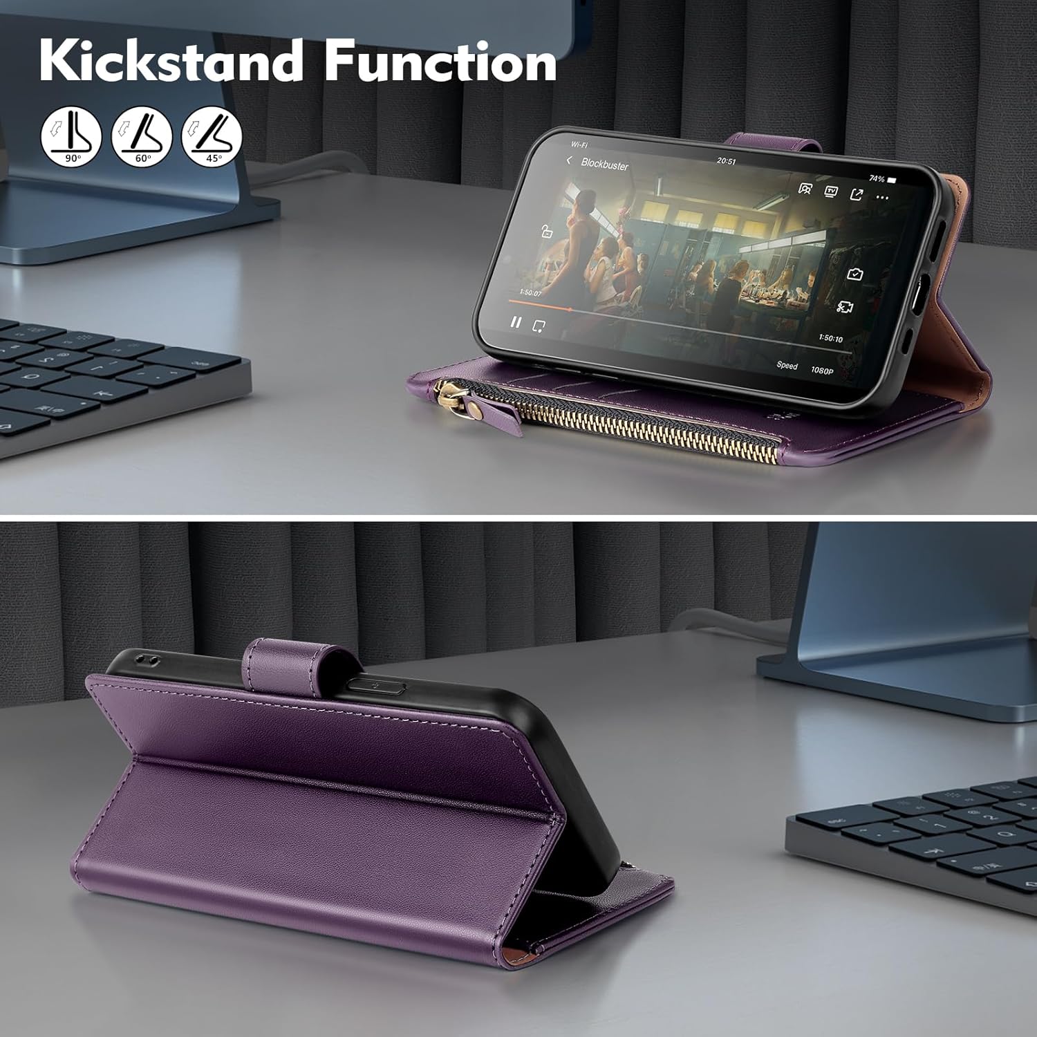 Compatible with iPhone 14 Wallet Case with Card Holder,Women Men RFID Blocking PU Leather Flip Cover Wrist Strap Zipper Credit Card Slots,Phone Case for Apple 14 6.1",Dark Purple - Image 7