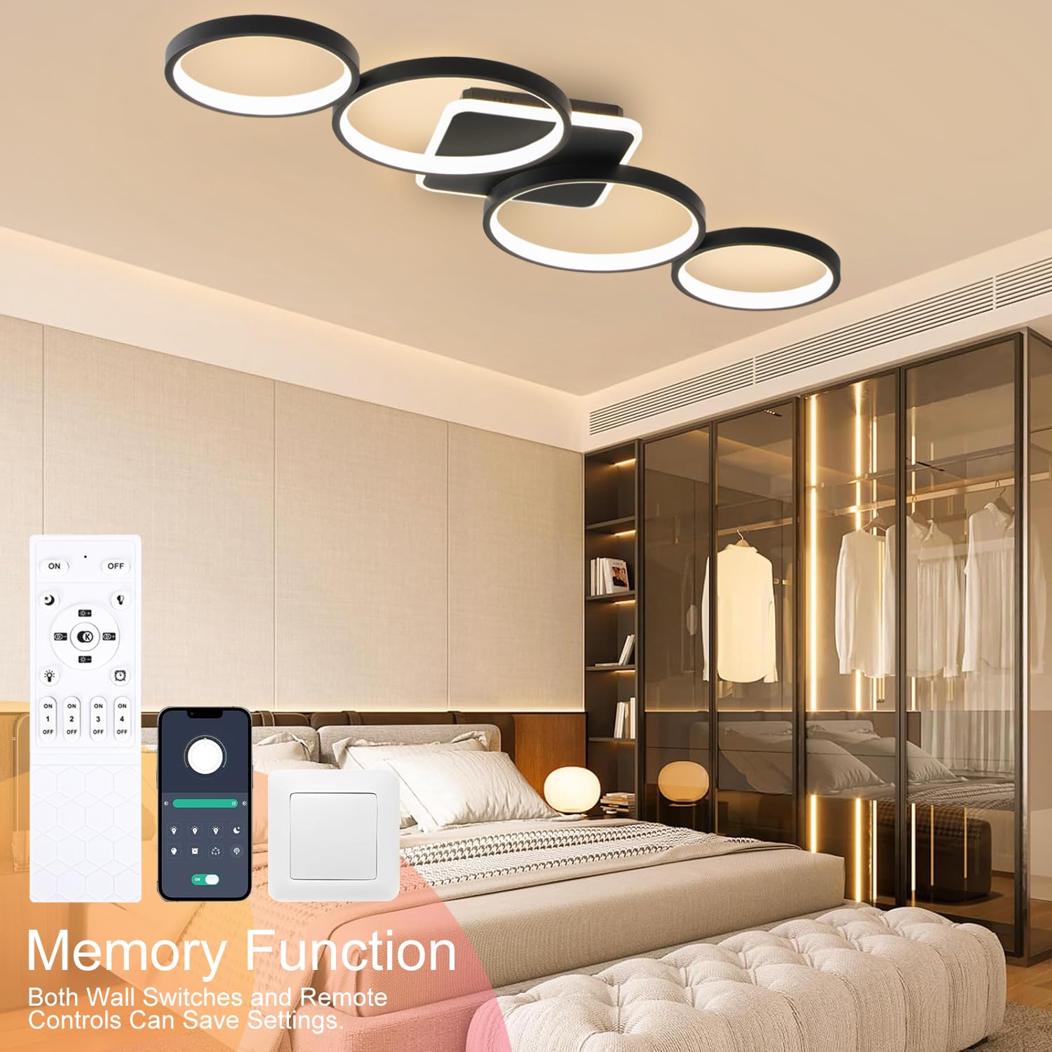 94cm LED Deckenlampe Dimmbar Wohnzimmer, 54W Deckenleuchte Schwarz | Wohnzimmerlampe mit Memory Funktion und Nachtlicht, Moderne 4 Ring deckenbeleuchtung mit Fernbedienung APP für Schlafzimmer