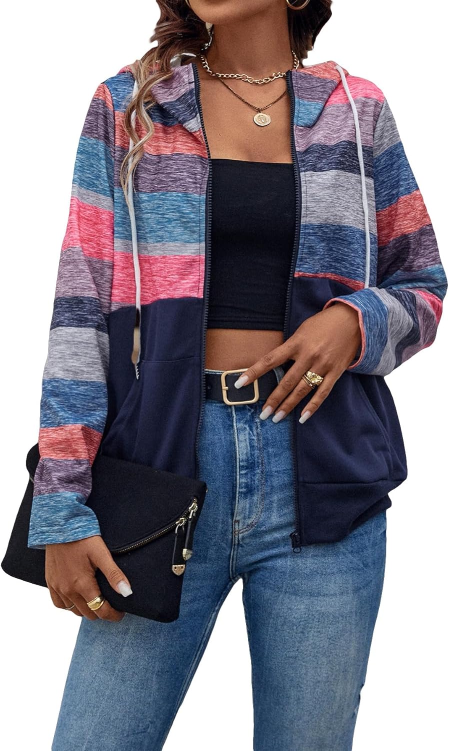 GORGLITTER Women's Color Block Drawstring Hoodie Top Long Sleeve Zip Up ...