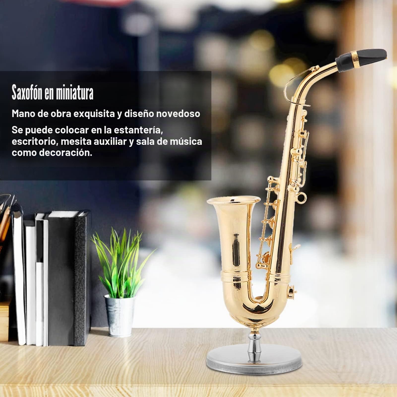 Réplica Saxofón Alto Miniatura Chapada en Oro, Soporte y Estuche Incluidos, Modelo Instrumento Musical para Colección o Regalo, Decoración Grado Superior