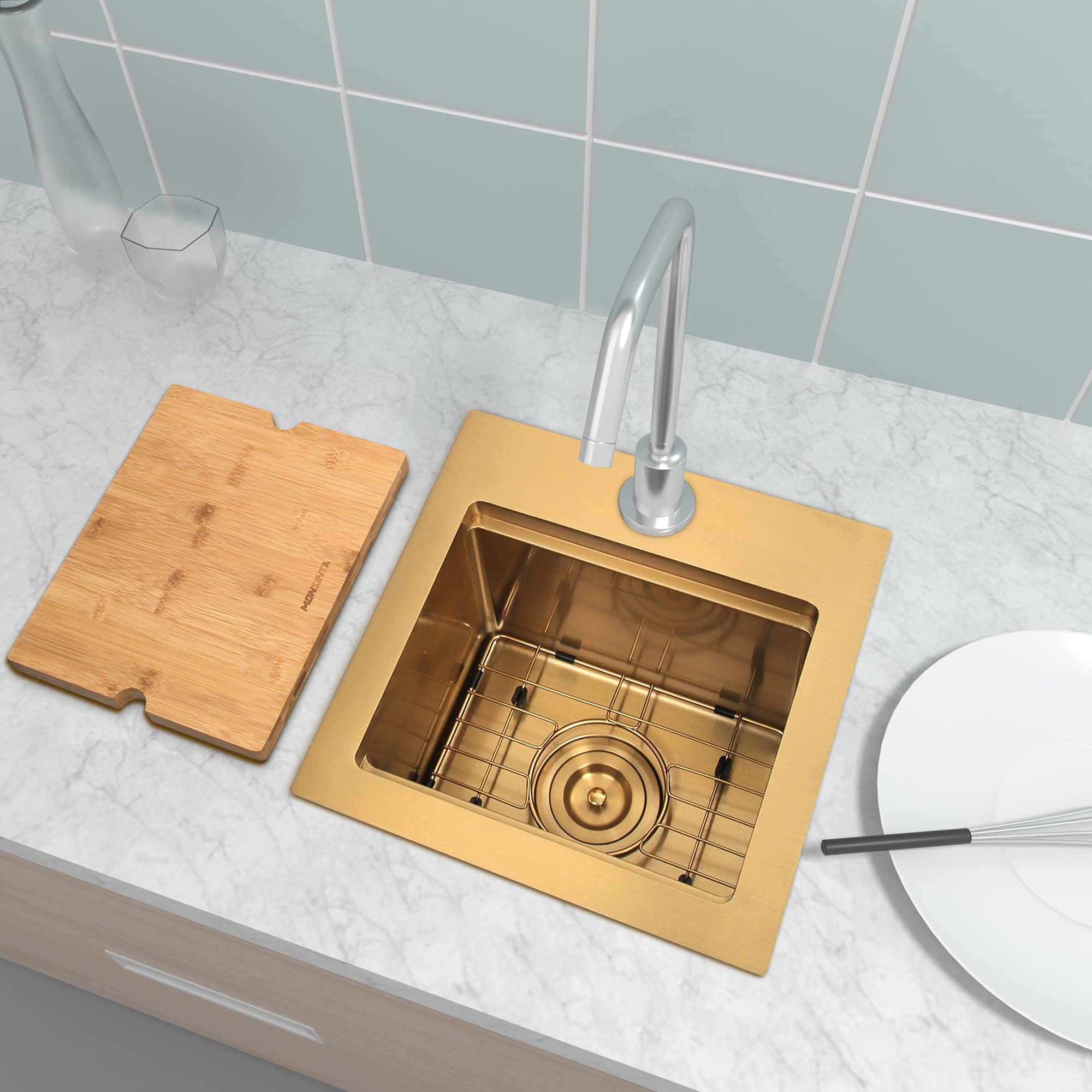 MONSINTA Gold Bar Sink, Top Mount Bar Sink, 15" x 15" Small Single Bowl Bar Sink, RV Sink, 16