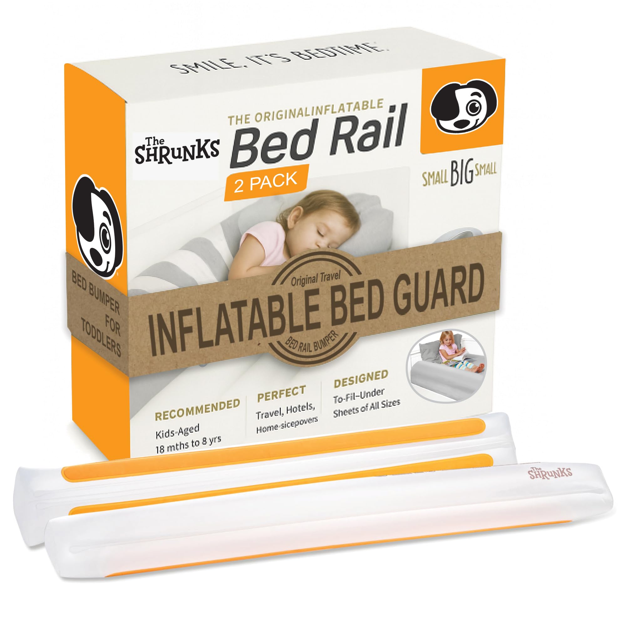 The Shrunks Sleep Security Inflatable Bed Rails (2 Pack) - Safe and Portable Toddler Bed Guard/Cot Bumpers for Travel, Holiday or Home Use, 122x18x10cm fits under Bed Sheet