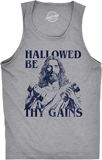 Mens Hallowed Be Thy Gains Fitness Tank Funny Sarcastic Jesus Graphic Novelty Sleeveless Tee for Men