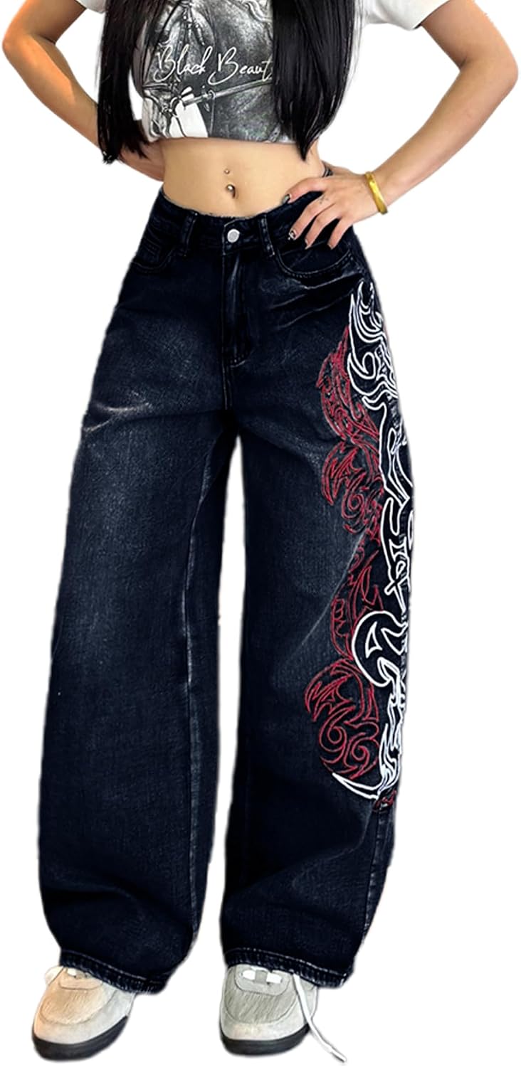 Baggy Women’s Wide Leg Jeans High Waisted Baggy Denim Pants Loose Fit Y2K Graphic Jeans Black
