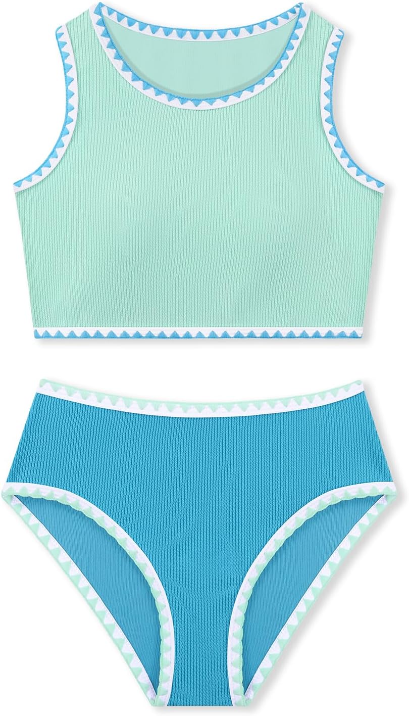 Girls Bathing Suit Toddler Swimsuits 2 Piece Bikini Sets Round Neck Colorful Lace Teen Girls Swimwear 3-14T