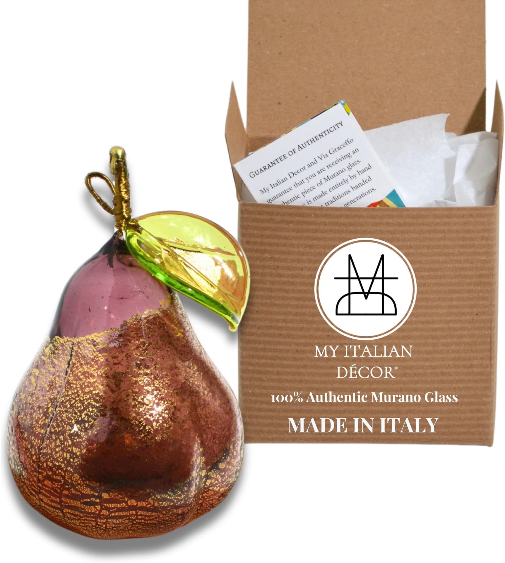 murano glass Hand Blown Pear Figurine, 3 inch, 1 PCS, Violet, Home Decor, Fruit Ornaments for Christmas Tree, Fruit Decor, Decorative Fruit, Faux Pear Fruit Christmas Ornament, Made in Italy