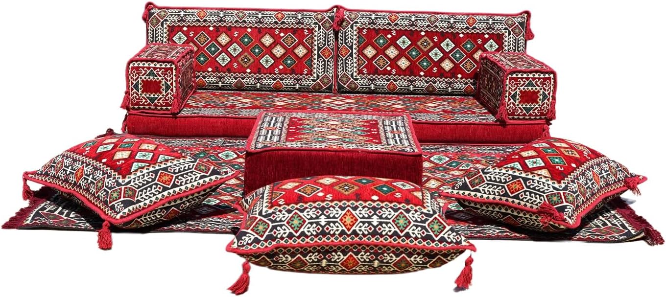 arabicsofa Red Oriental Modular Seating Floor Cushions – Low Floor Sofa Majlis Set with Backrest Pillows