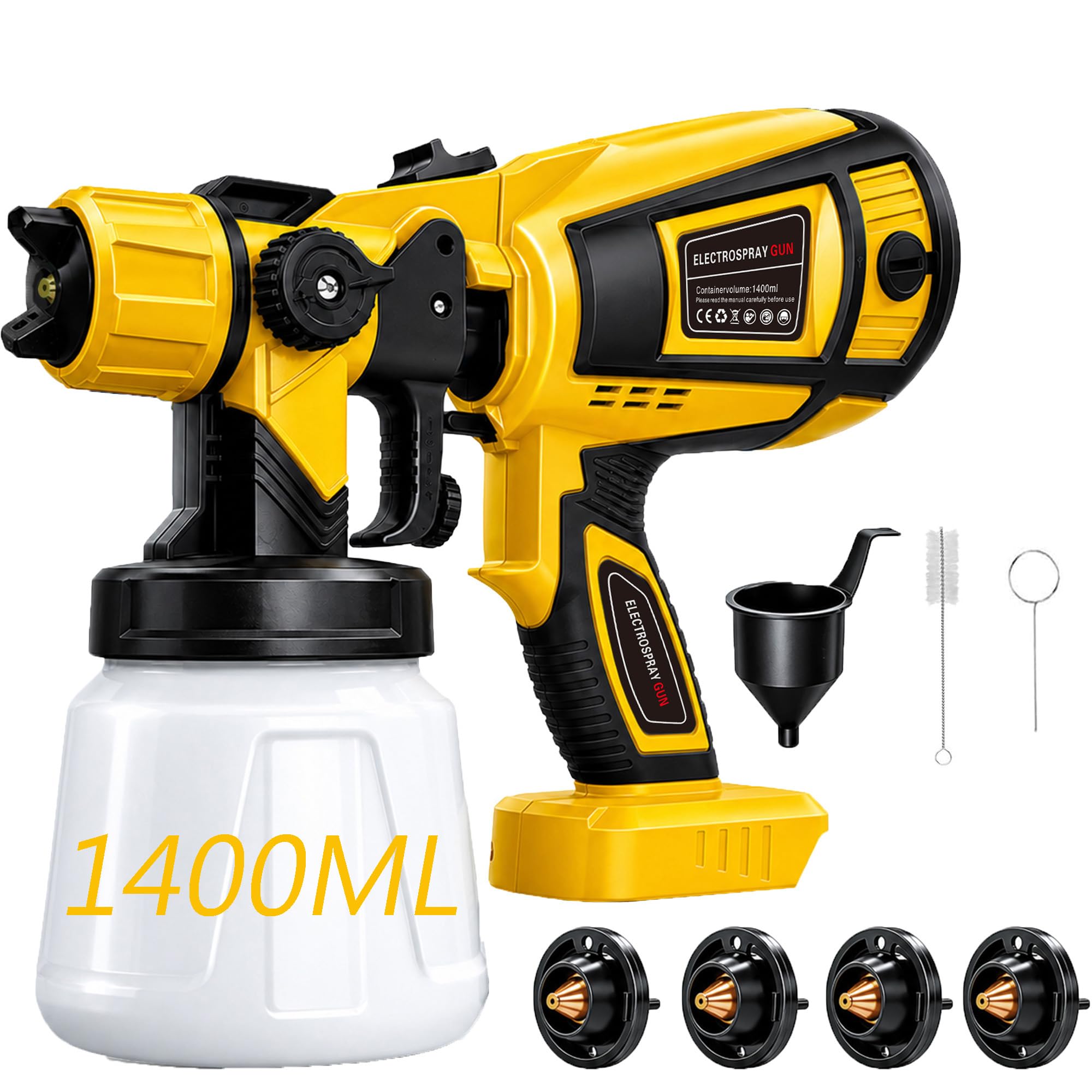 Cordless Paint Sprayer, Compatible with Dewalt, Fence Paint Sprayer with 4 Nozzles & 1400ml Detachable Tank,3 Spray Patterns, HVLP Spray Gun for Glazes Spray(Battery Not Included)