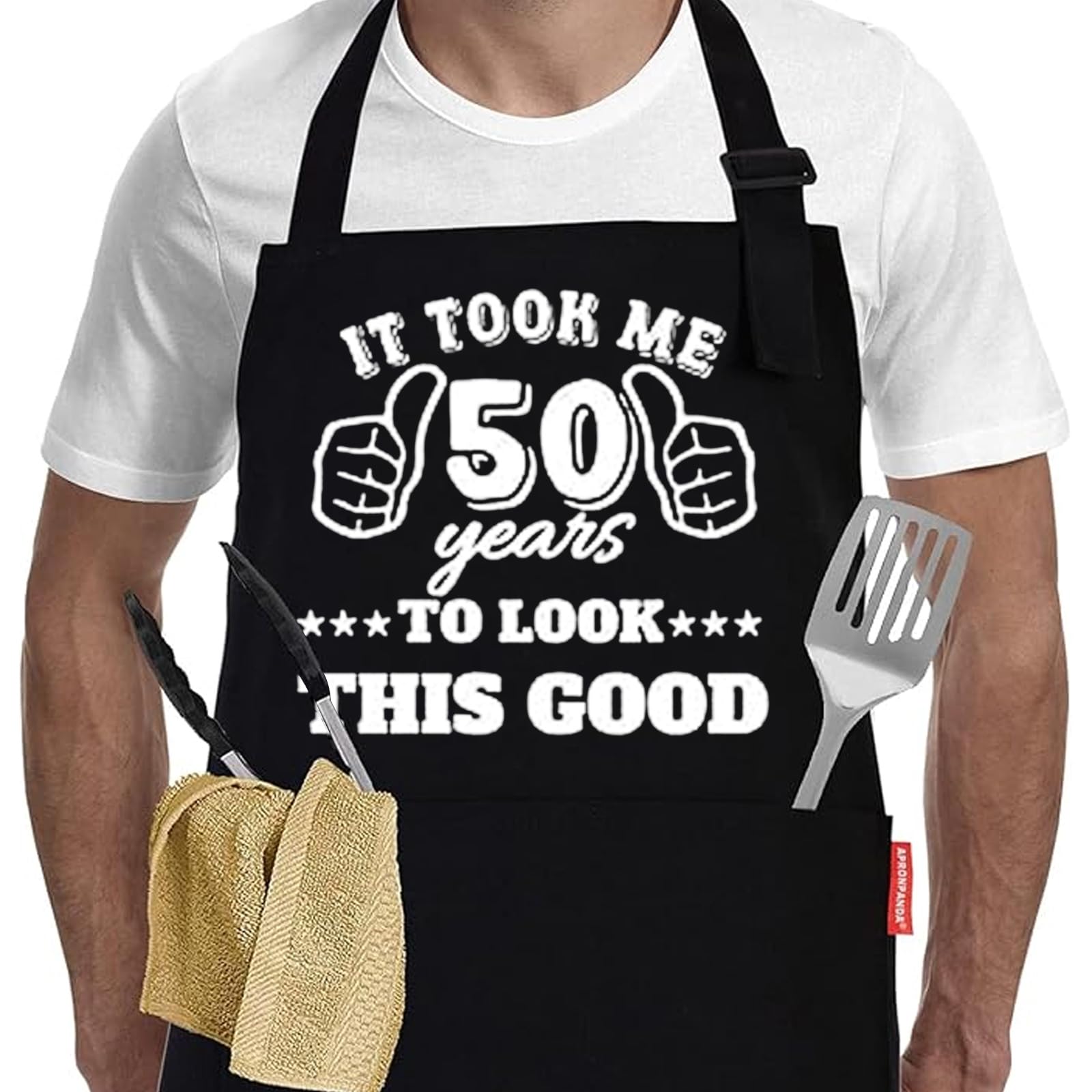 Fjquamitix 40th 45th 50th 55th 60th Birthday Gift for Men, Adjustable Apron with 3 Pockets, Bbq Grill Christmas Funny Gift for Him, Dad and Husband (50th)