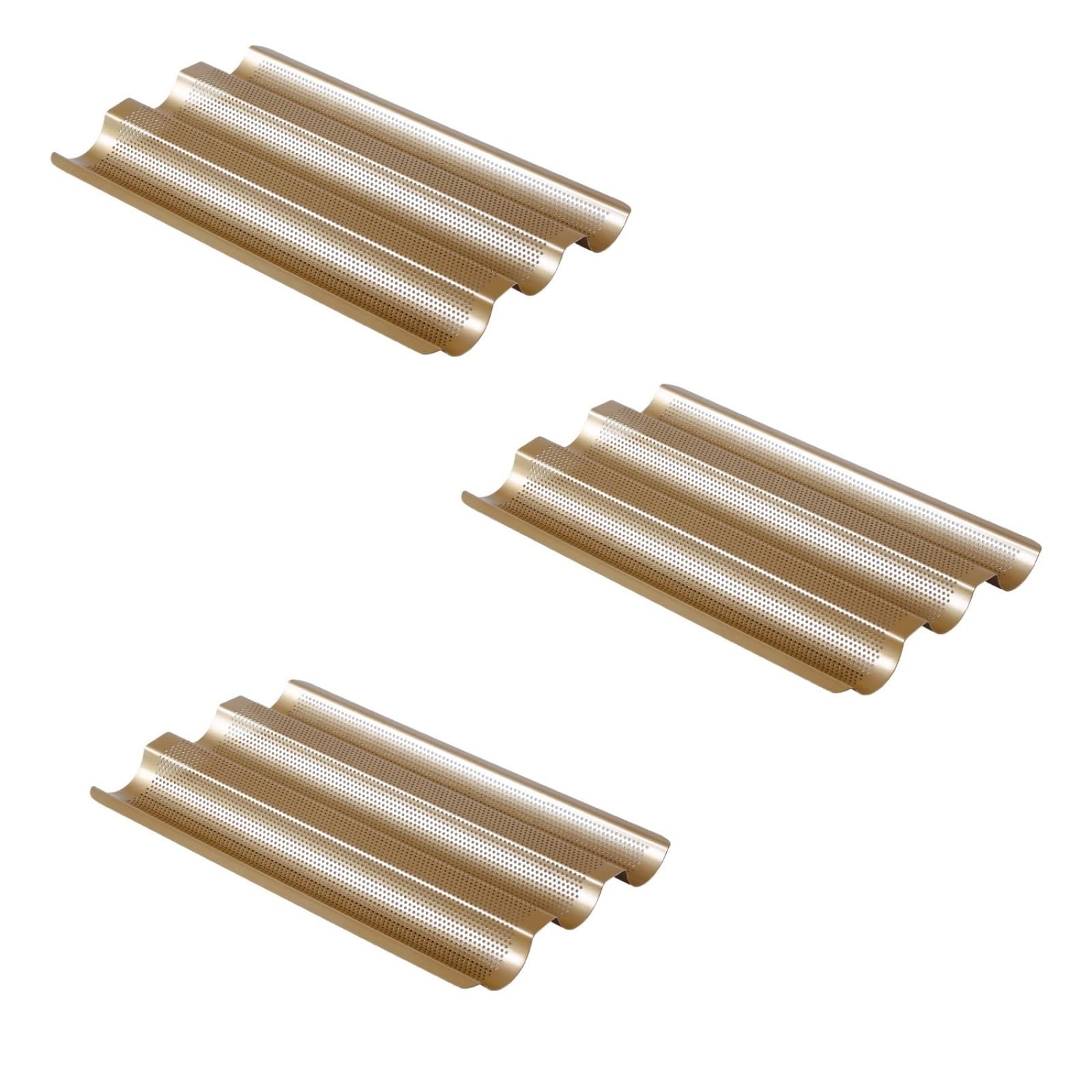 Bandeja de hornear de metal perforado de acero al carbono de 3 ranuras de onda de pan francés bandeja para hornear baguette molde molde de pan de bricolaje 3 piezas