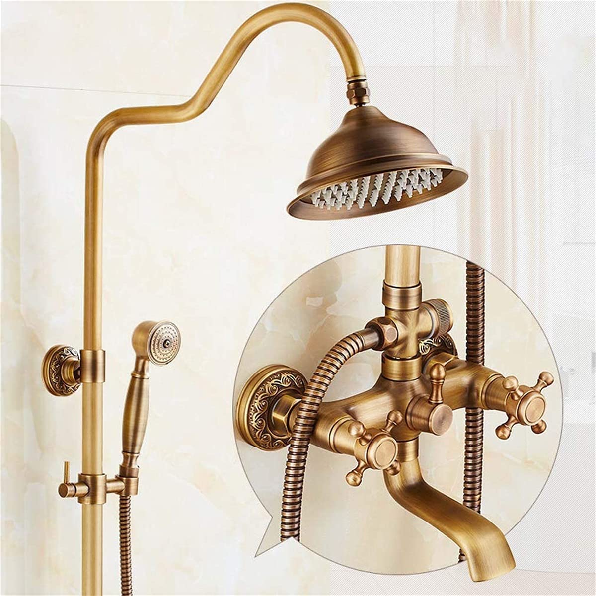 Colonne de douche laiton antique avec mitigeur et douchette rétro