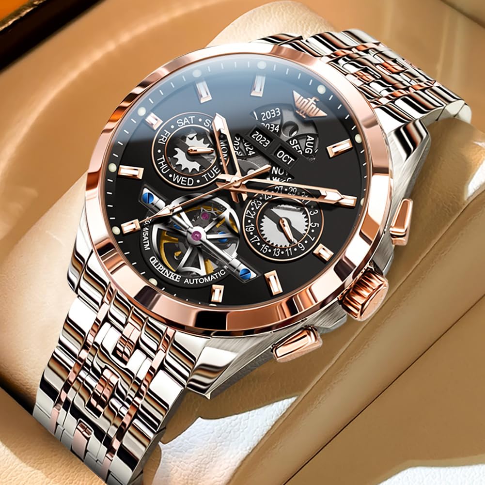 OUPINKE - Reloj automático para hombre, 5 manecillas, calendario múltiple, año, mes, semana, fecha, mecánico, 5 ATM, impermeable, acero de tungsteno, cristal de zafiro, reloj de pulsera para hombre