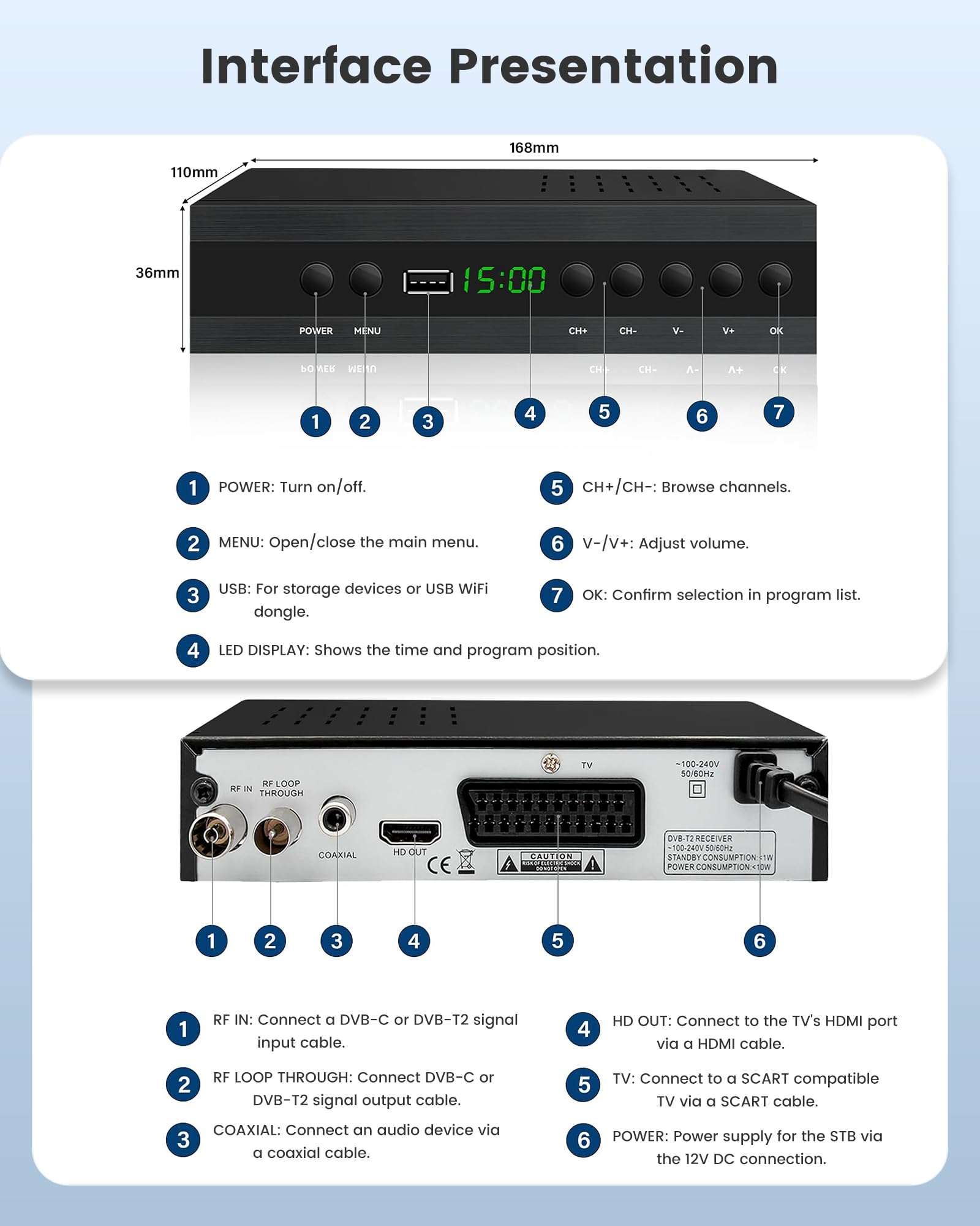 Décodeur TV HD DVB-T2 H265 HEVC FTA, PVR, USB, HDMI, MPEG-2/4, Numérique SCART, Tuner TNT Full HD 1080p, Compatible Android (2024 Nouveau)