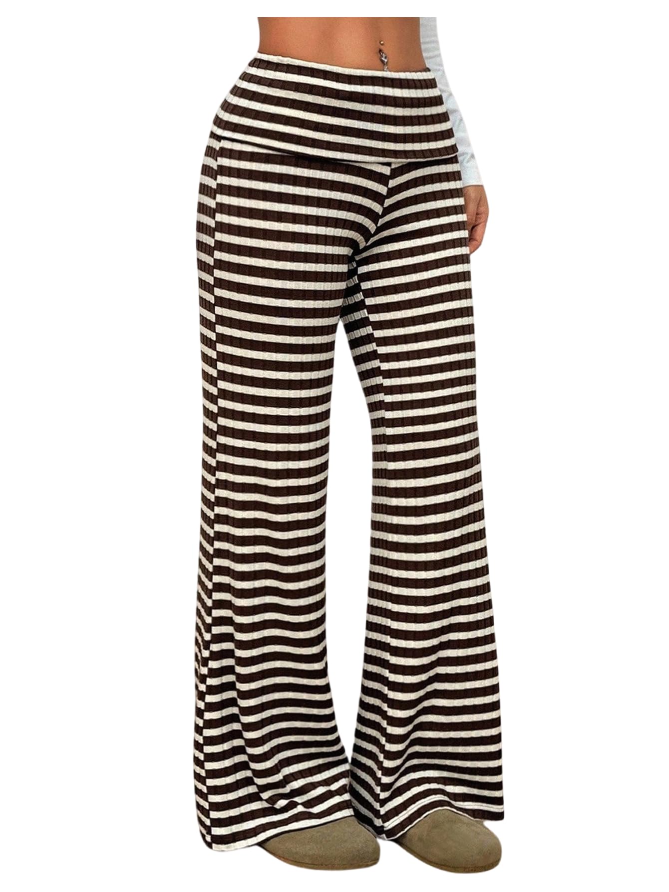 Womens Striped Fold Over Wait Pants Ribbed Knit Wide Leg Pants Y2k Trousers