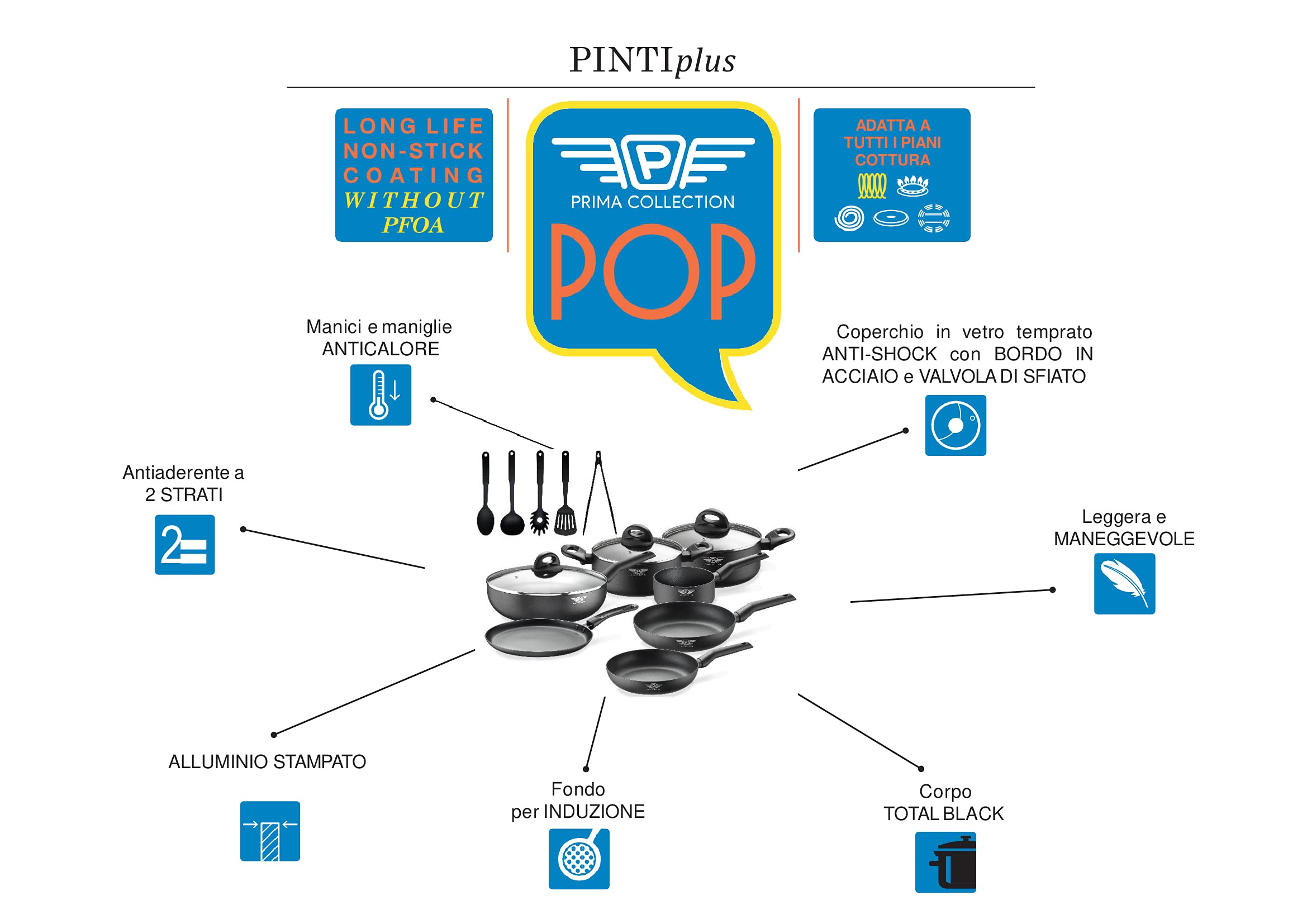 Prima Collection Black Batteria da Cucina 15 Pezzi Antiaderente Induzione