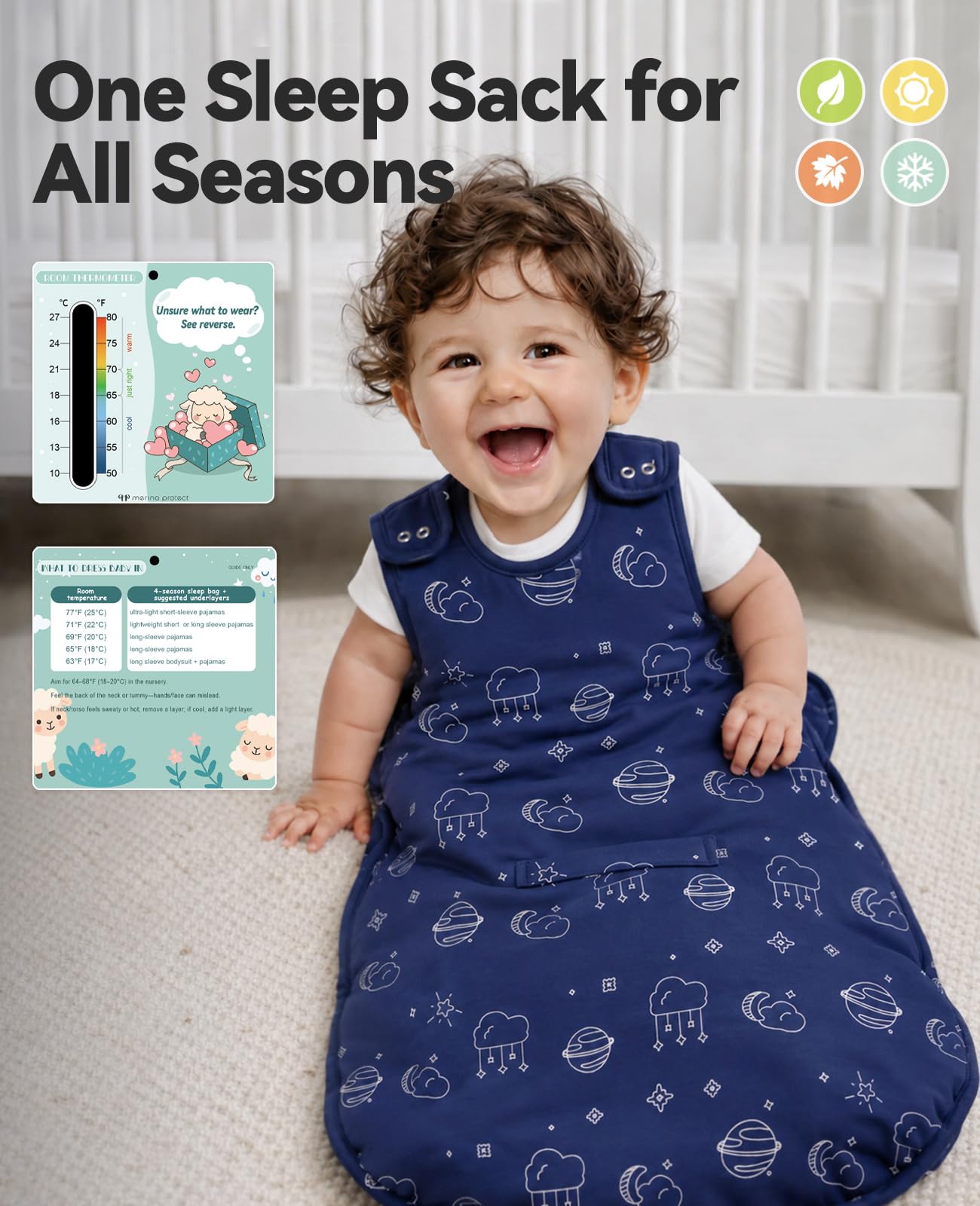 Merino Protect Baby Schlafsack aus Merinowolle mit Baumwoll-Außenseite | Merinowollfutter und Baumwoll-Außenseite sorgen für Komfort bei Nickerchen, Nachtschlaf, Reisen und ganzjährig
