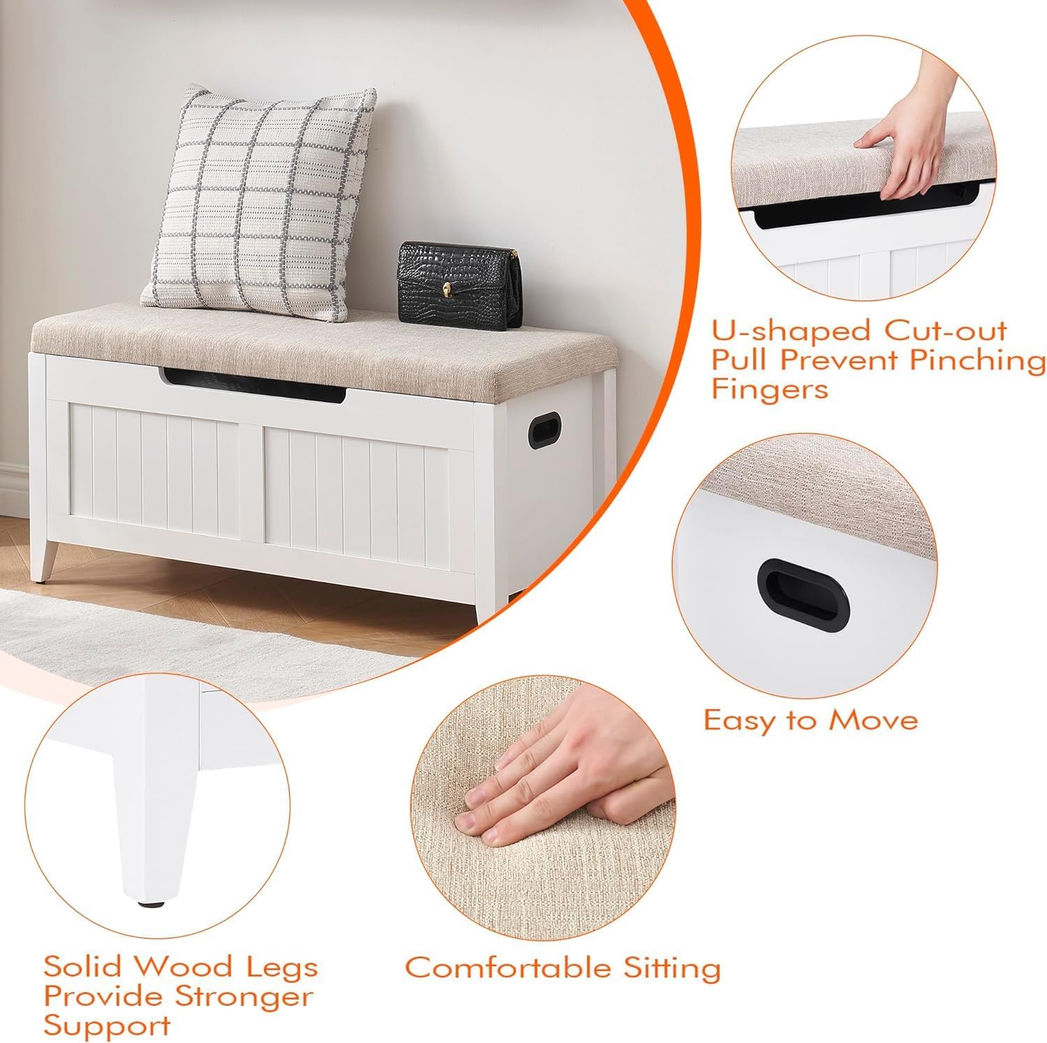 GAOMON 39.4" Storage Benches Entryway Bench with Cushion, 2 Safety Hinges, Storage Trunk, Shoe Bench Storage Chest for Entryway, Living Room, Bedroom, White