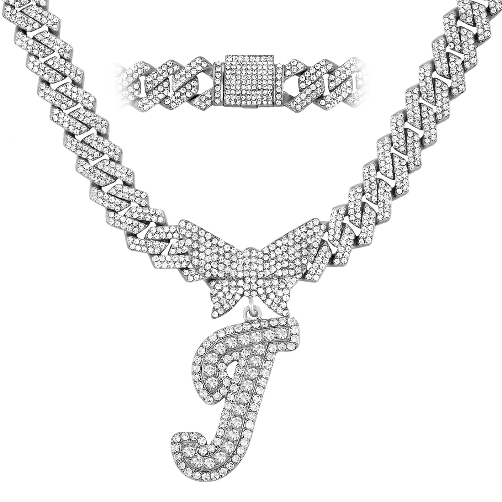 JNCTCOE Cuban Link Chain for Women Cursive Silver Initial 14MM Diamond Prong Cuban Chain Hip Hop Iced Out Chain Necklace Butterfly Initial Letter Name