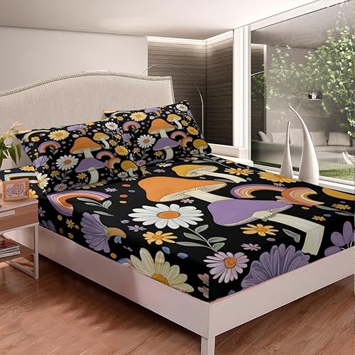 Vista 34 de Erosebridal Juego de sábanas de mariposa azul, tamaño matrimonial, sábanas de hongos y polilla de libélula, sábana encimera de fase lunar, sábana