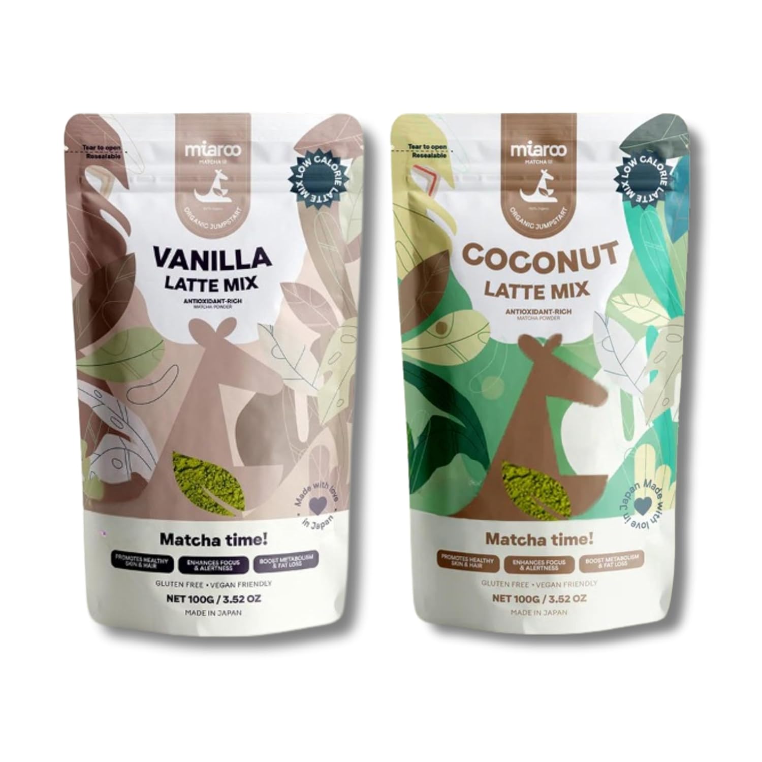 Miaroo Vanilla & Coconut Matcha Latte Mix Bundle – Ceremonial Grade, Vegan, Low Sugar, Non-Dairy Green Tea Latte Powders – Save More with This 2-Pack Value Bundle for Hot or Iced Drinks