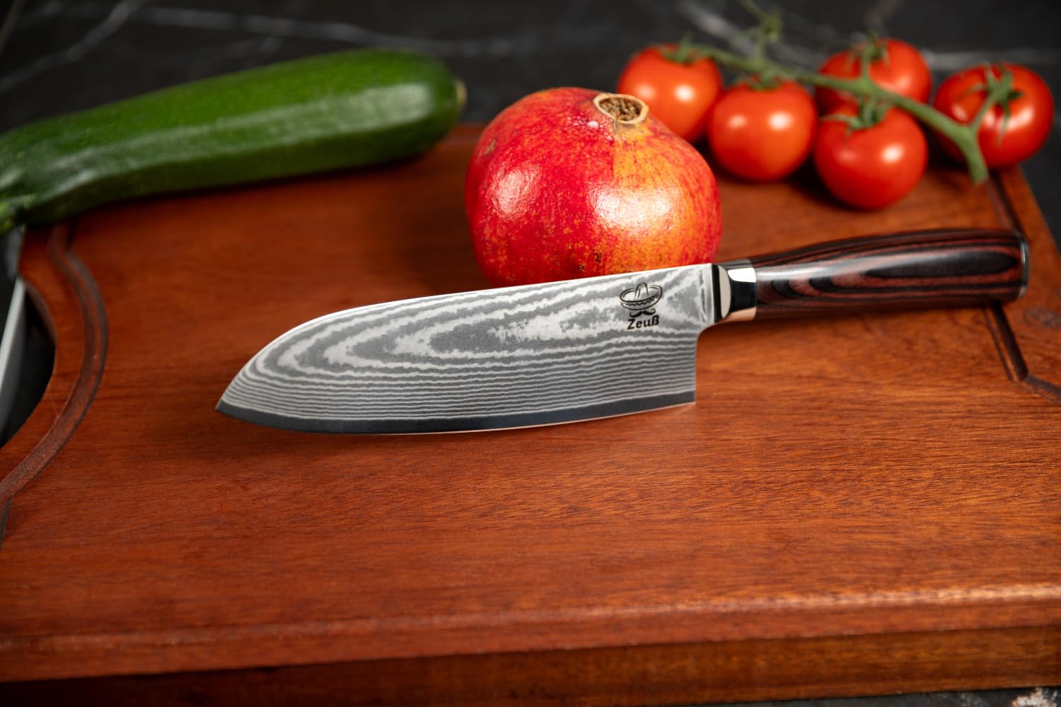 Damastmesser Santoku Messer XL (30 cm) TÜV geprüfter 62 HRC Damaststahl aus 67 Lagen I Damast-Küchenmesser Santokumesser mit Schleifstein Holzgriff Geschenkbox und Klingenschutz