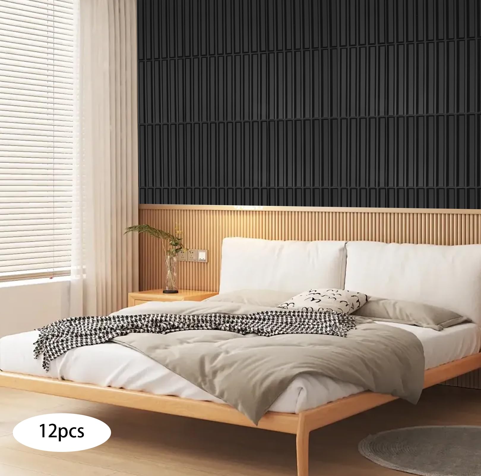 12 pannelli da parete 3D in PVC, autoadesivi, per soggiorno, camera da letto, 50 x 50 cm, 3 m², colore nero