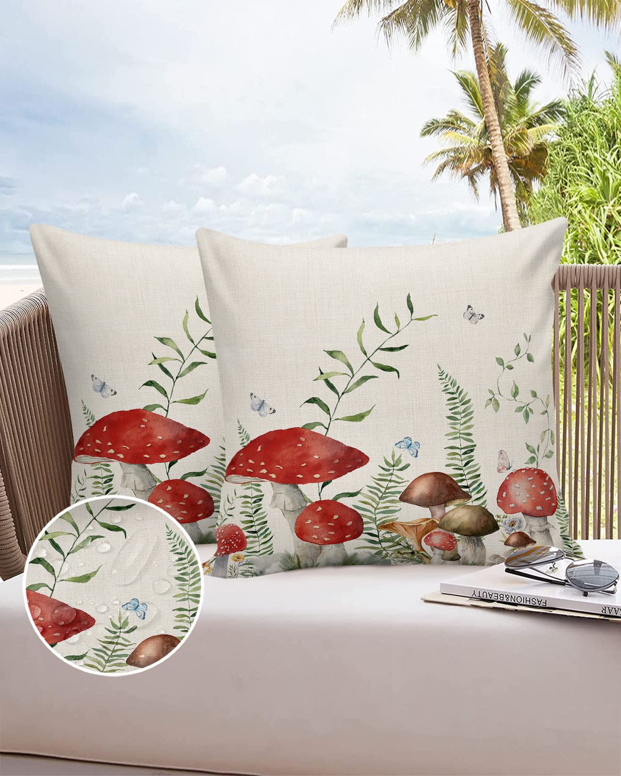 Retro Mushroom Waterproof Outdoor Throw Pillow Covers 20''x20'' Pack 2, Pillow Cases Throw Cushion Cover with Zipper Boho Butterflies Botanical Floral Wildflowers Green Leaves Pillowcase for Sofa