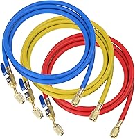 Elyaspedy 29985 Plus II 1/4" HVAC Refrigerant Hose with Compact Ball Valve, 5ft Pack of 3 Red/Yellow/Blue, 800 PSI for R410A & More