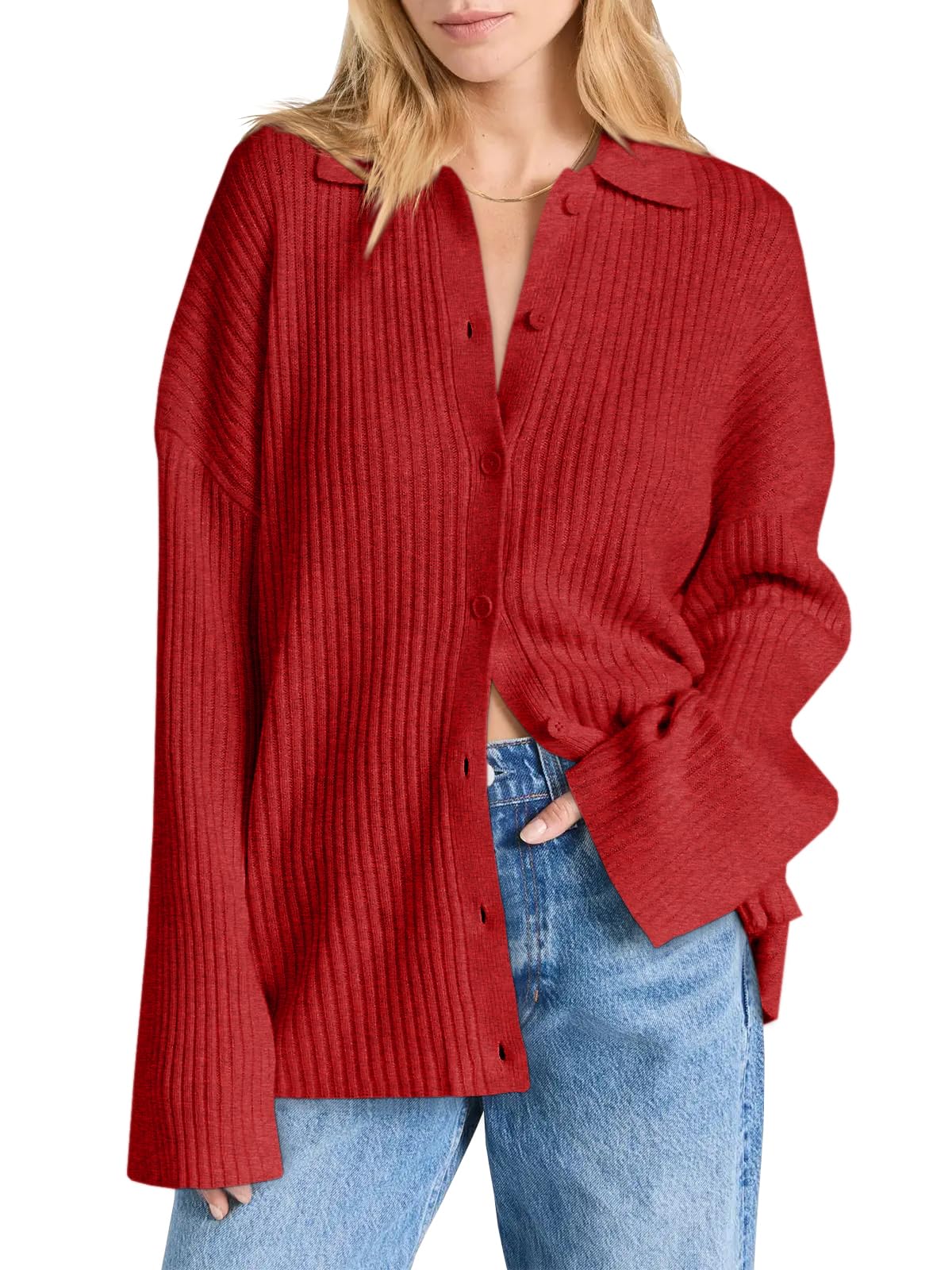 Danedvi Womens Collared Cardigan Sweaters Oversized Ribbed Knit Open Front Button Up Bell Sleeve Outwear