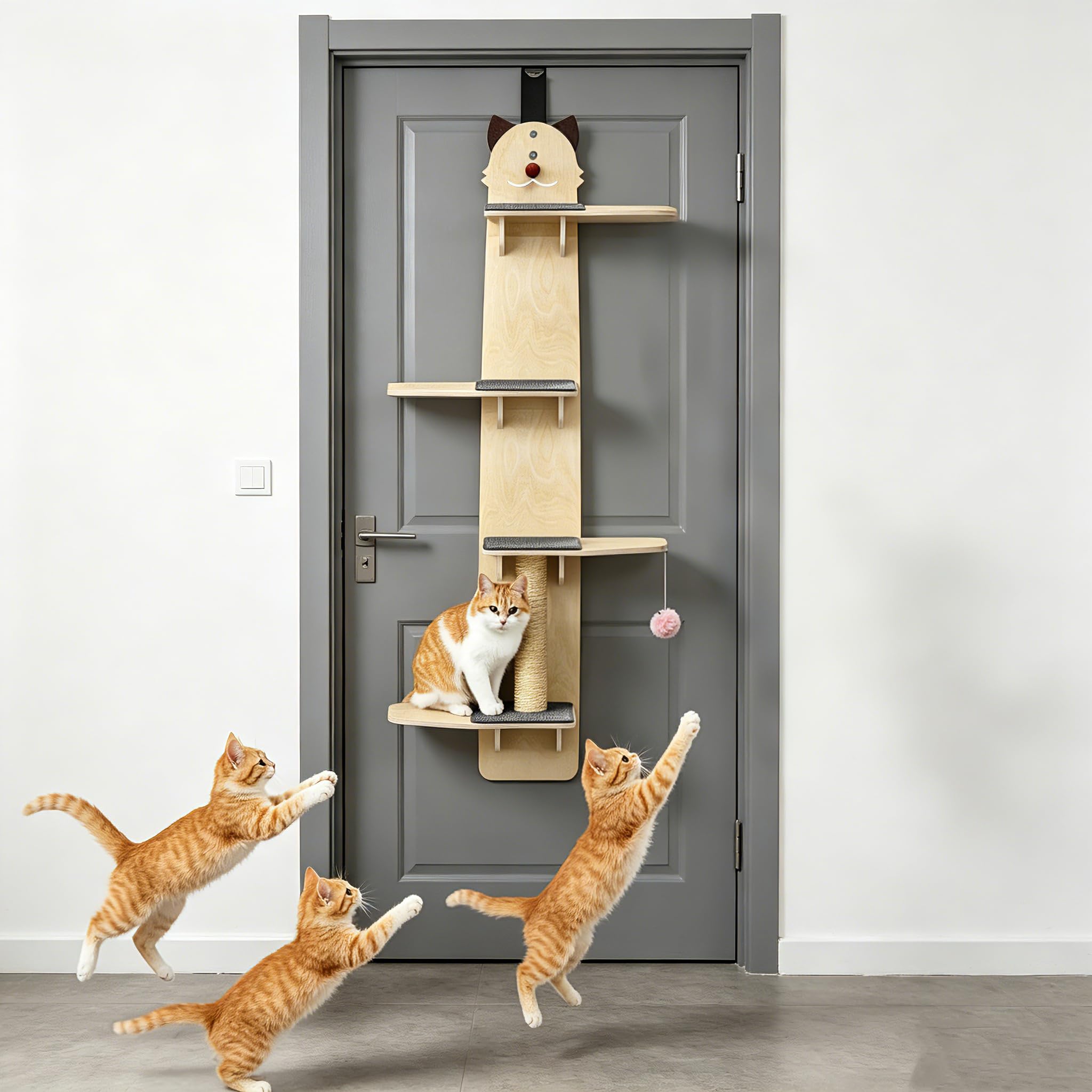172cm Cat Shelves, Door Hanging Cat Shelf, 4-Tiers Cats Tree with Scratching Post, Pads, Tease Cat Ball, Over Door Cats Climber for Indoor Kitten Activity Centre Climbing Tree (170cm)
