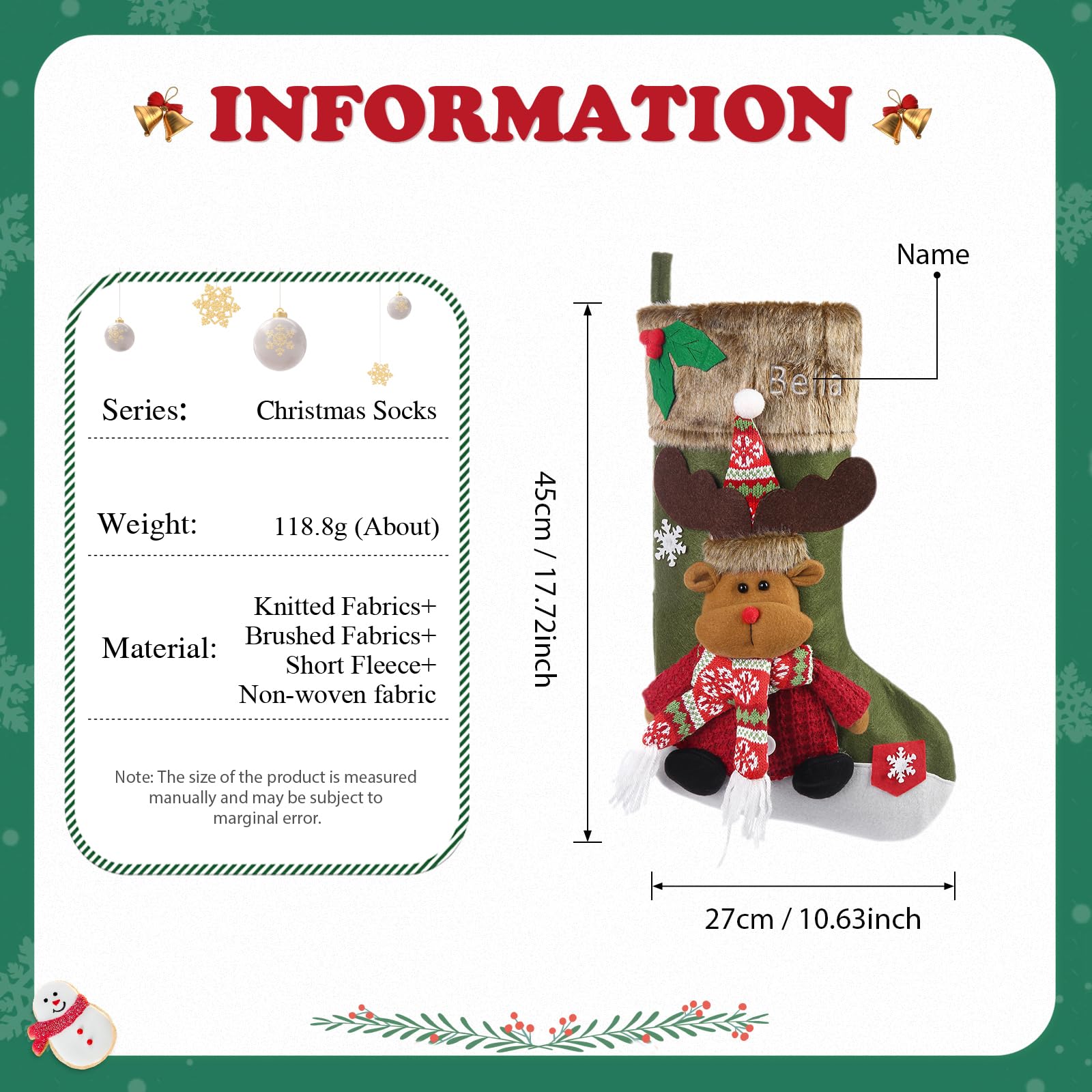 Gemszoo Personalisierte Weihnachtsstrümpfe, personalisierbar, mit Namen, Weihnachtsdekoration, großer Weihnachtsstrumpf, Geschenk, Strumpftasche (Stil 1 (3er-Pack)