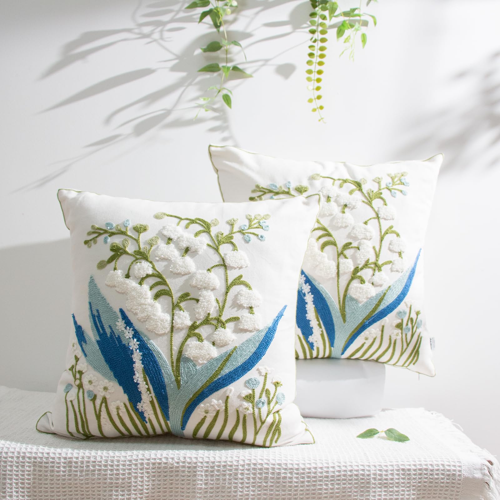 Ailive Embroidered Floral Petal Cushion Cover, 100% Pure Cotton Canvas, Light Blue & Green Botanical Pattern, Heavy Embroidery Work for Rural Home Decor