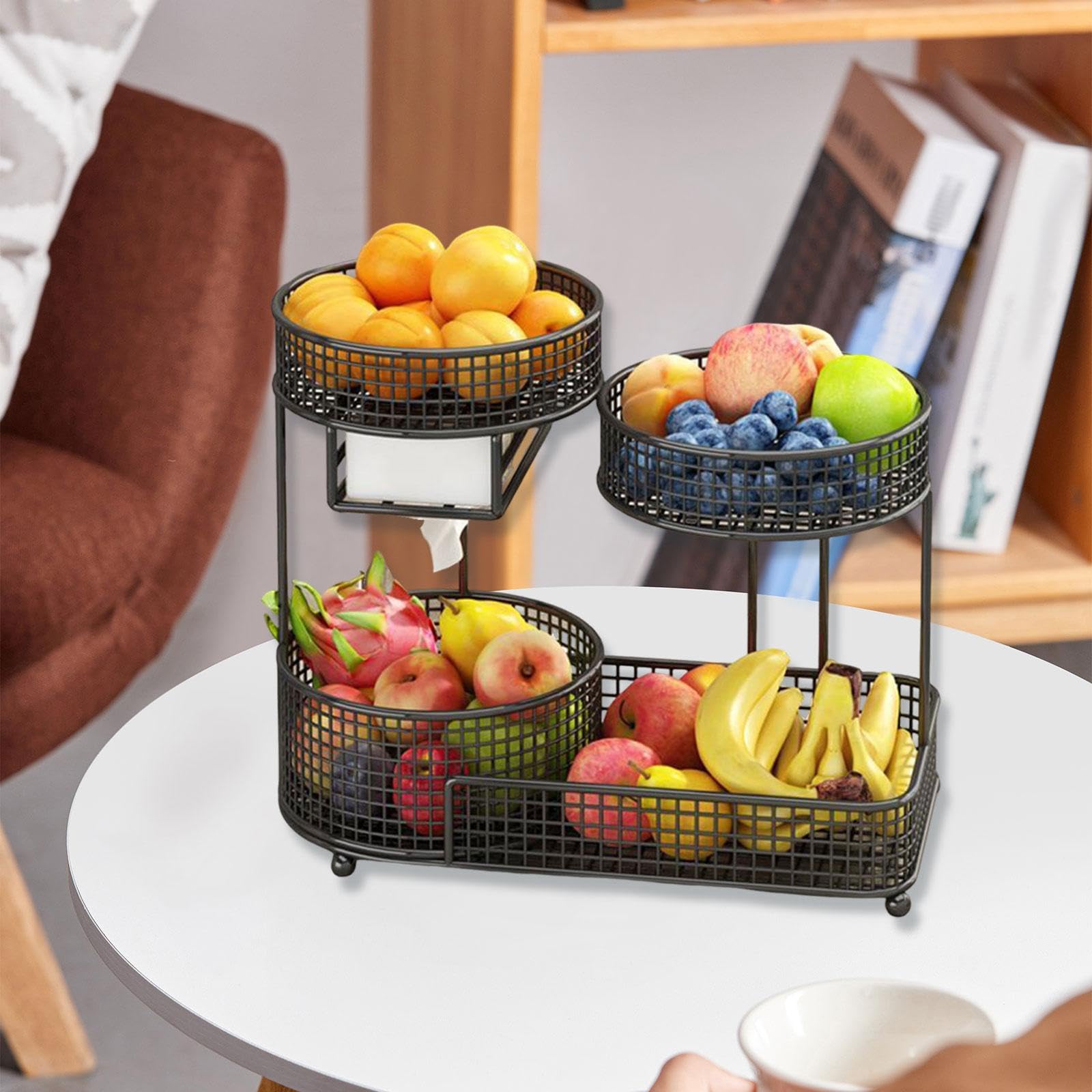Obstkorb, Obstaufbewahrungsständer, 3 Etagen, kompakter Küchenorganizer aus mit Taschentuchhalter für Partys, Küchentheke, Wohnzimmer, Schwarz