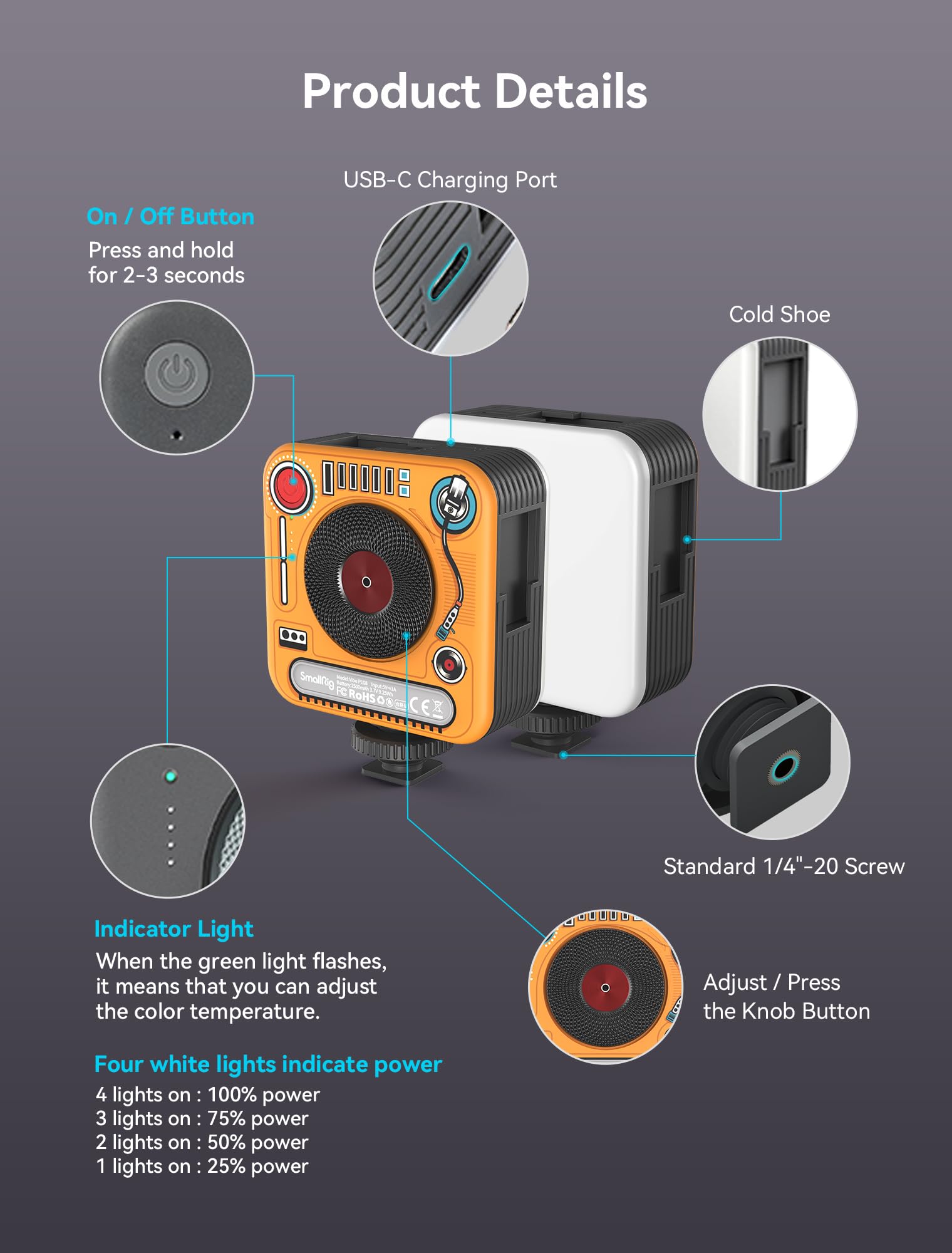 Lampe Vidéo SMALLRIG P108 RGB - Portable 2500mAh - 108 LEDs CRI95+ - Pour YouTube TikTok Vlogging